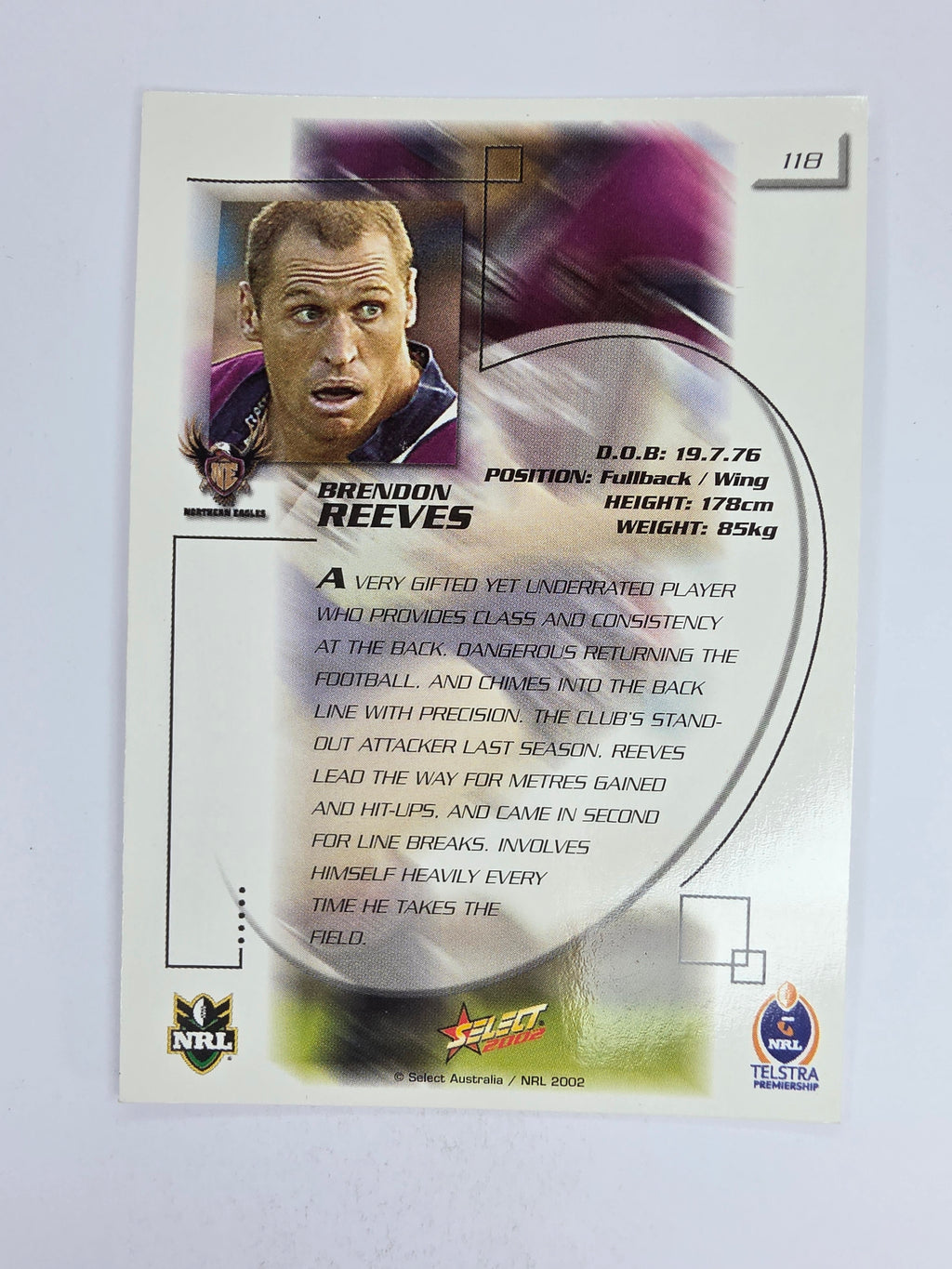 NRL 2002 Challenge Base Card #118 Brendon Reeves Northern Eagles