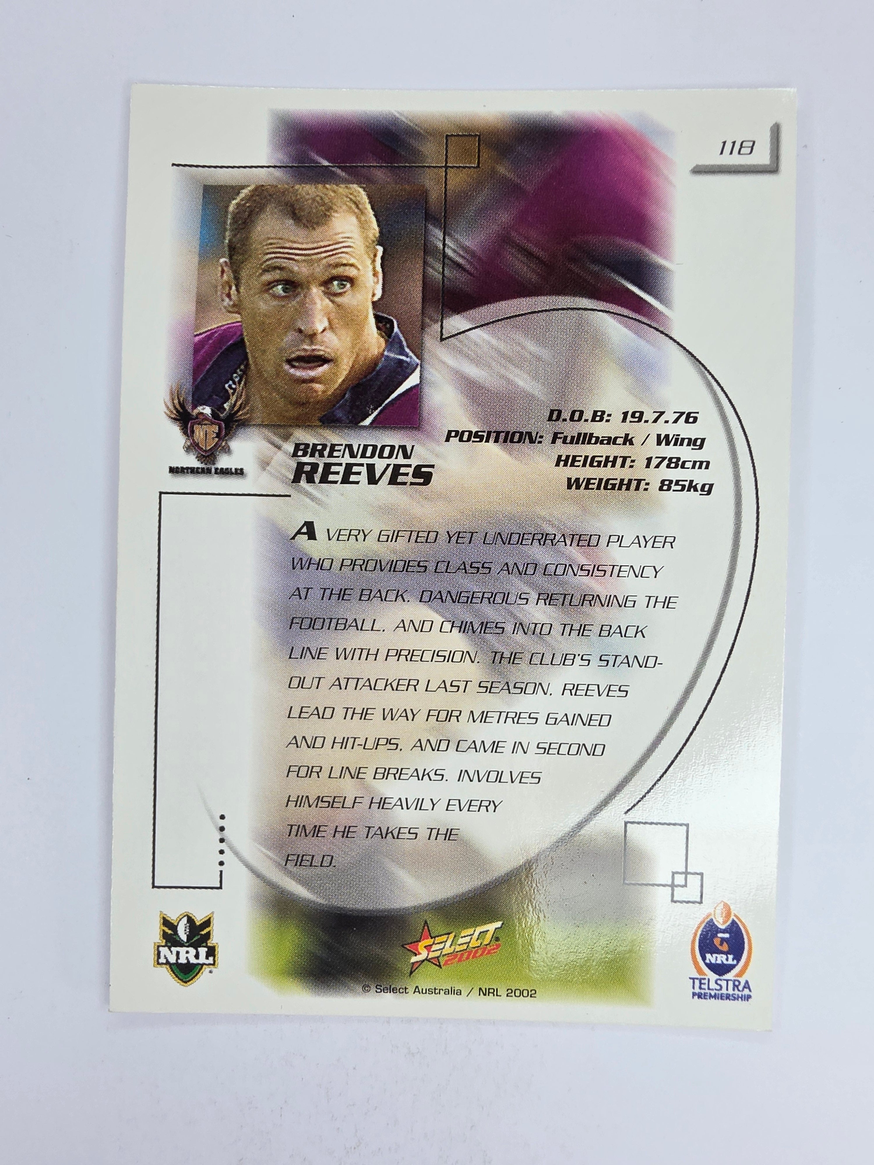 NRL 2002 Challenge Base Card #118 Brendon Reeves Northern Eagles