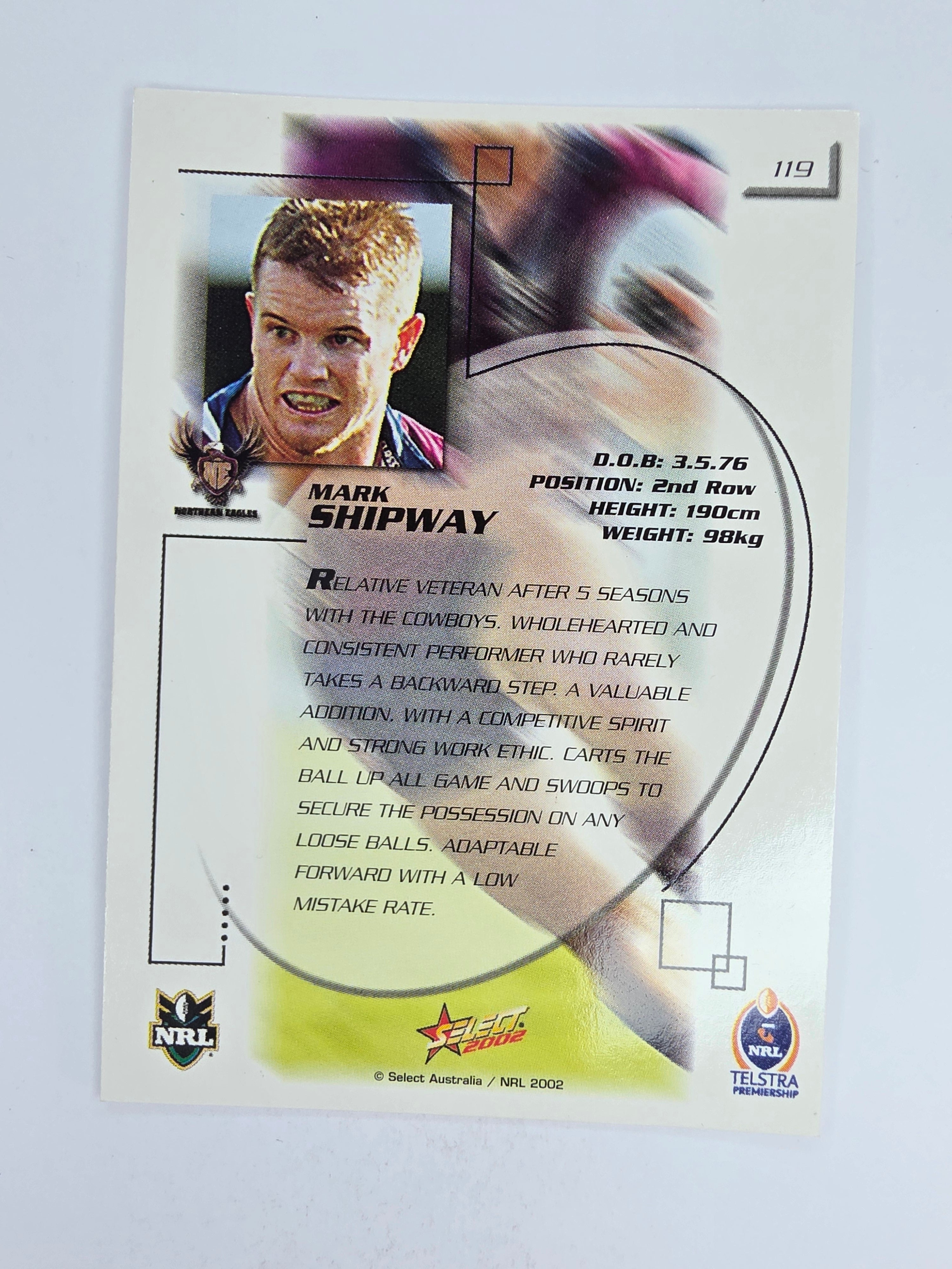 NRL 2002 Challenge Base Card #119 Mark Shipway Northern Eagles