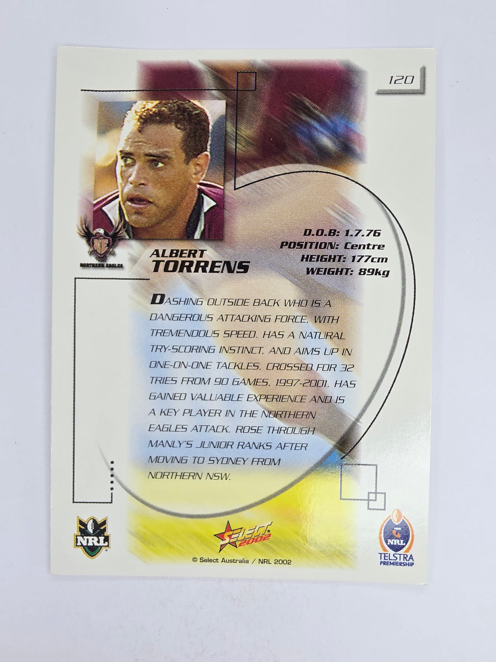 NRL 2002 Challenge Base Card #120 Albert Torrens Northern Eagles