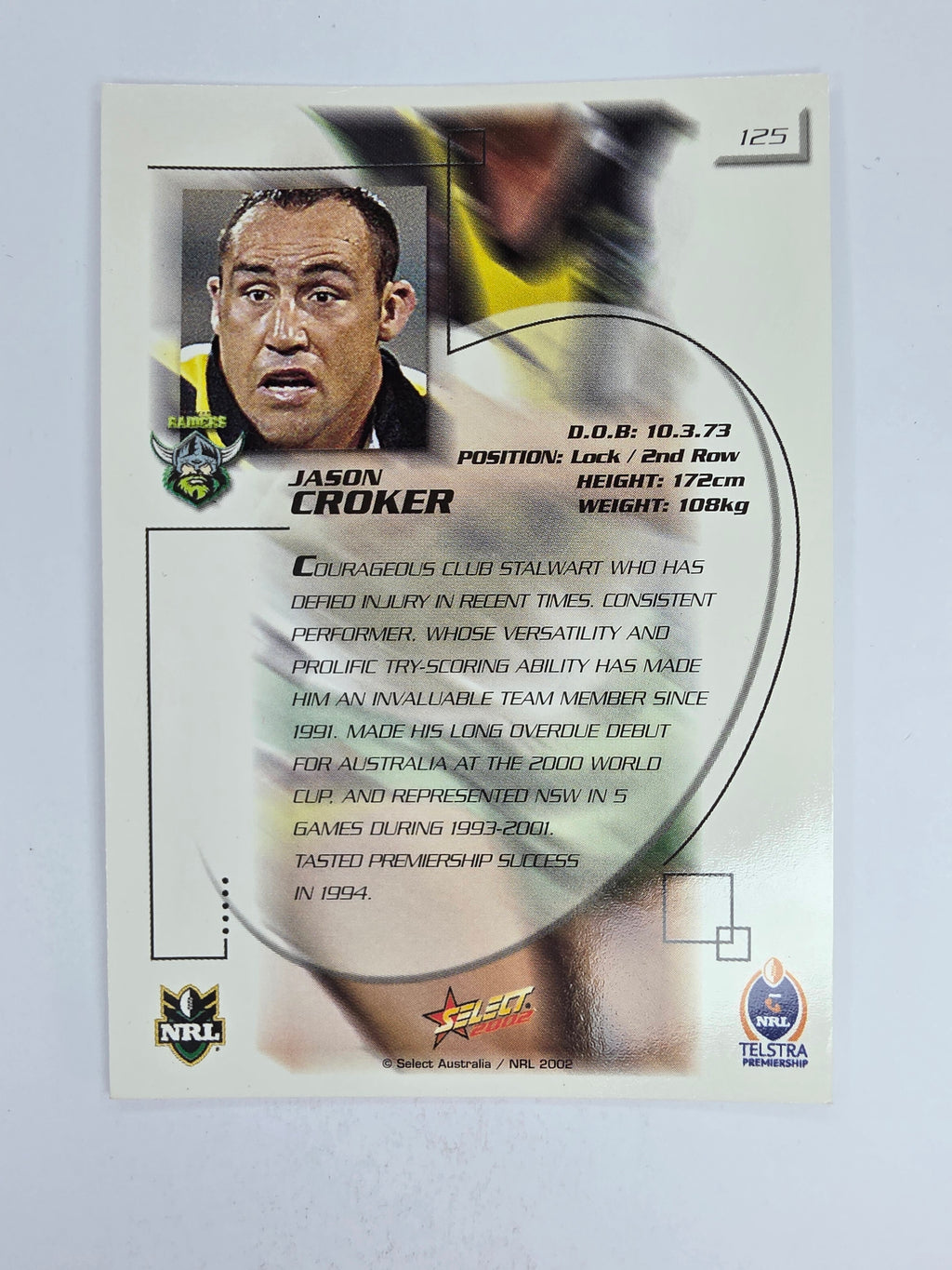 NRL 2002 Challenge Base Card #125 Jason Croker Canberra Raiders