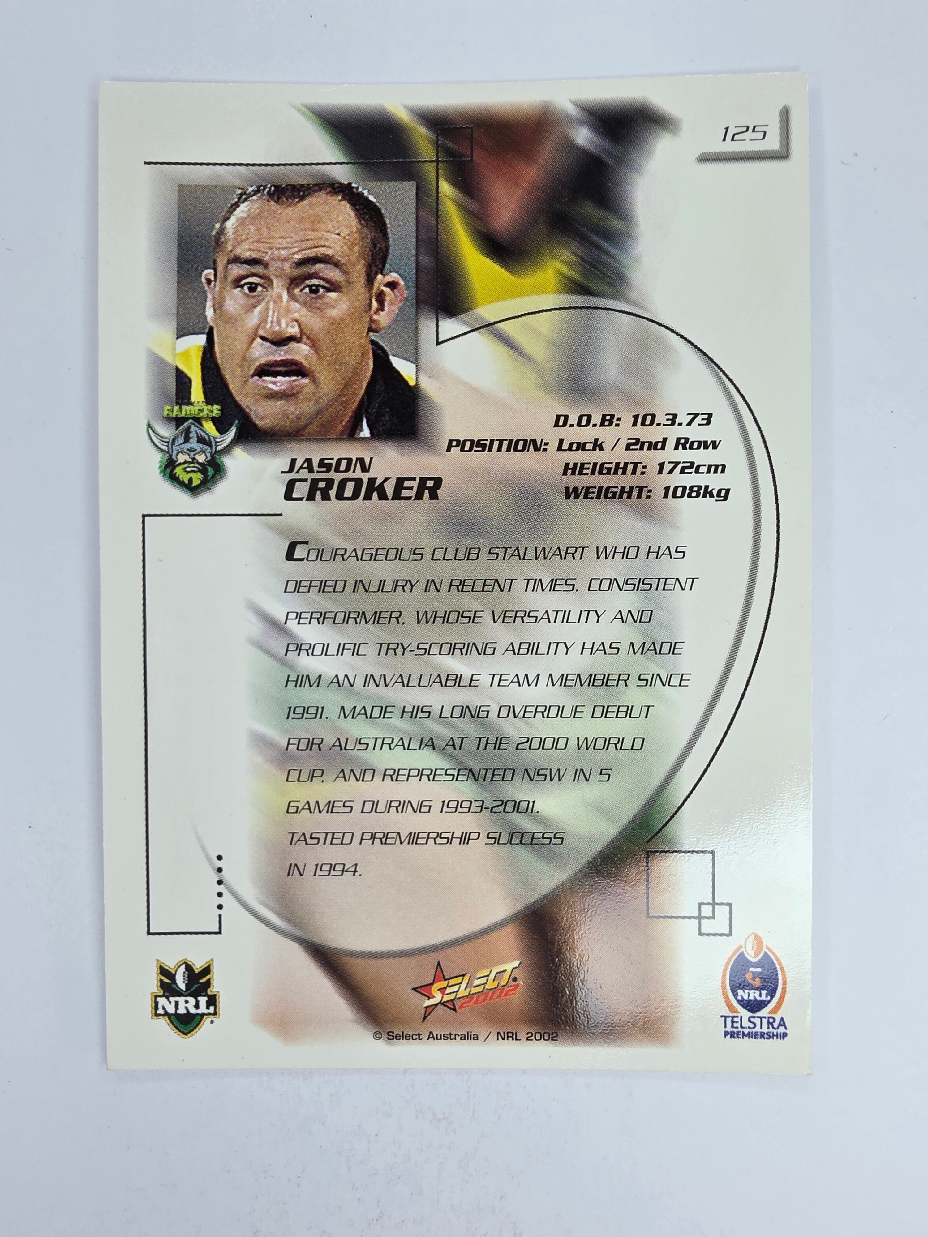 NRL 2002 Challenge Base Card #125 Jason Croker Canberra Raiders