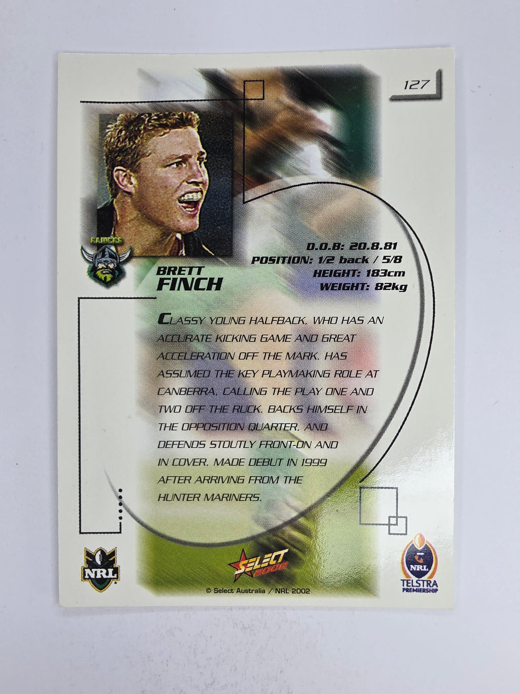 NRL 2002 Challenge Base Card #127 Brett Finch Canberra Raiders