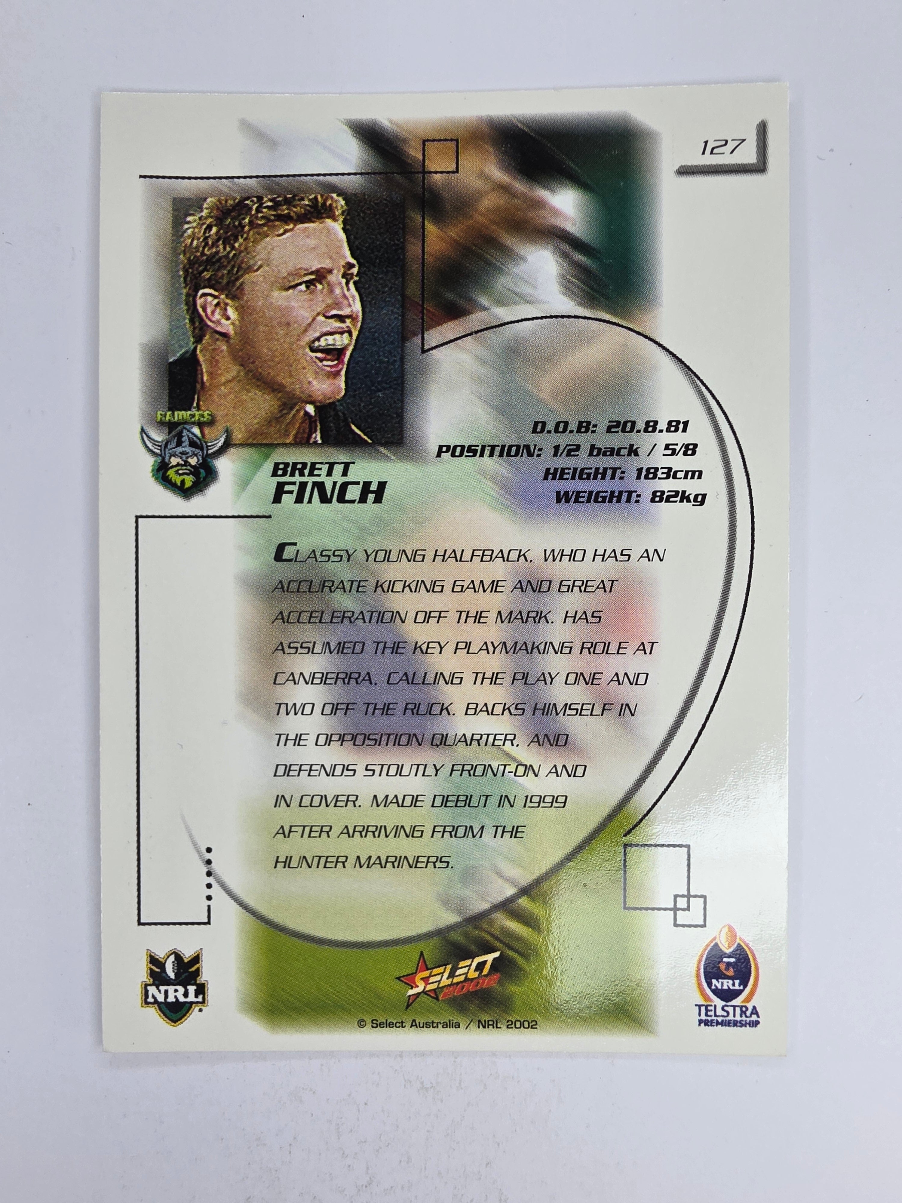 NRL 2002 Challenge Base Card #127 Brett Finch Canberra Raiders
