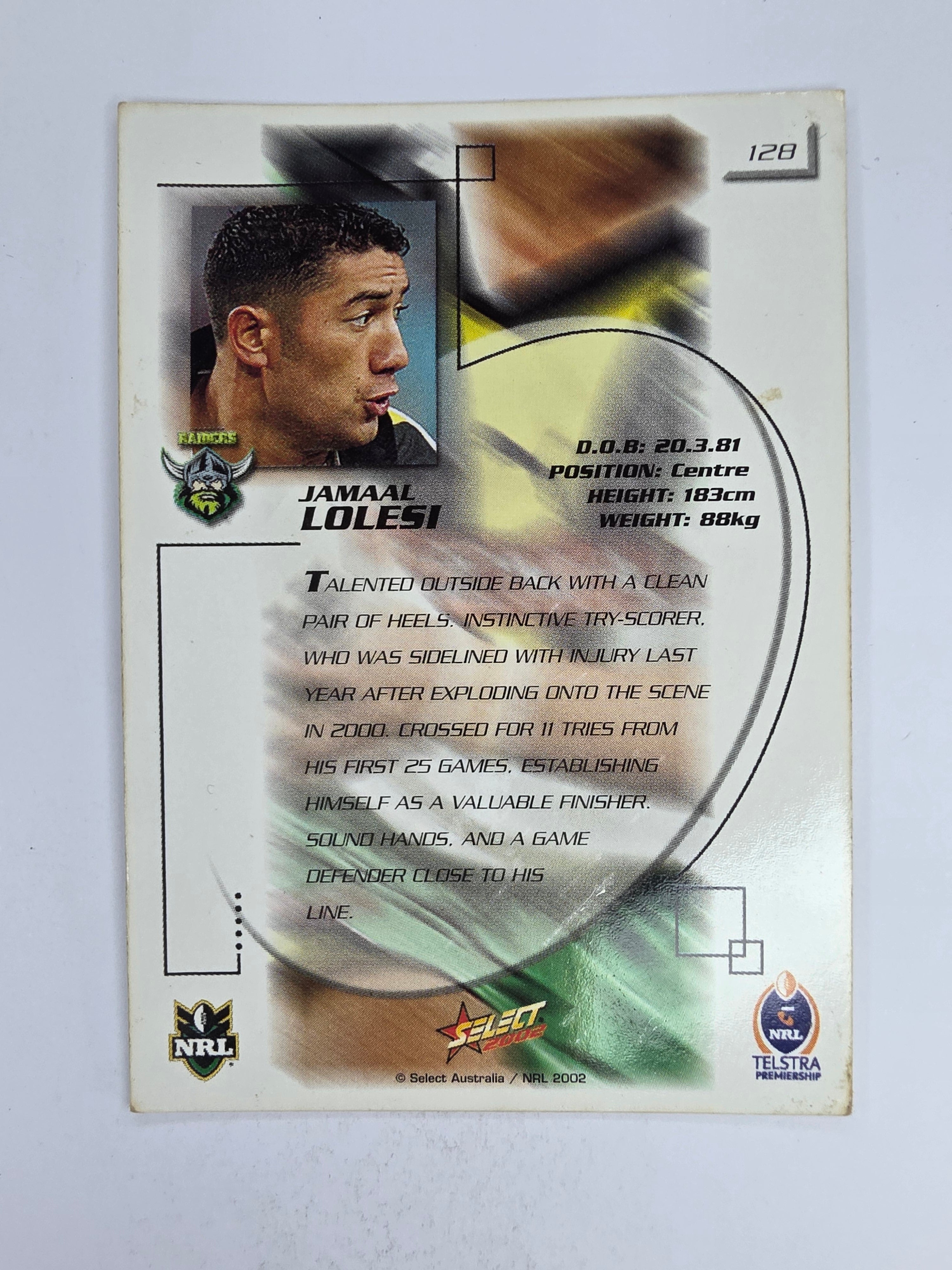 NRL 2002 Challenge Base Card #128 Jamaal Lolesi Canberra Raiders