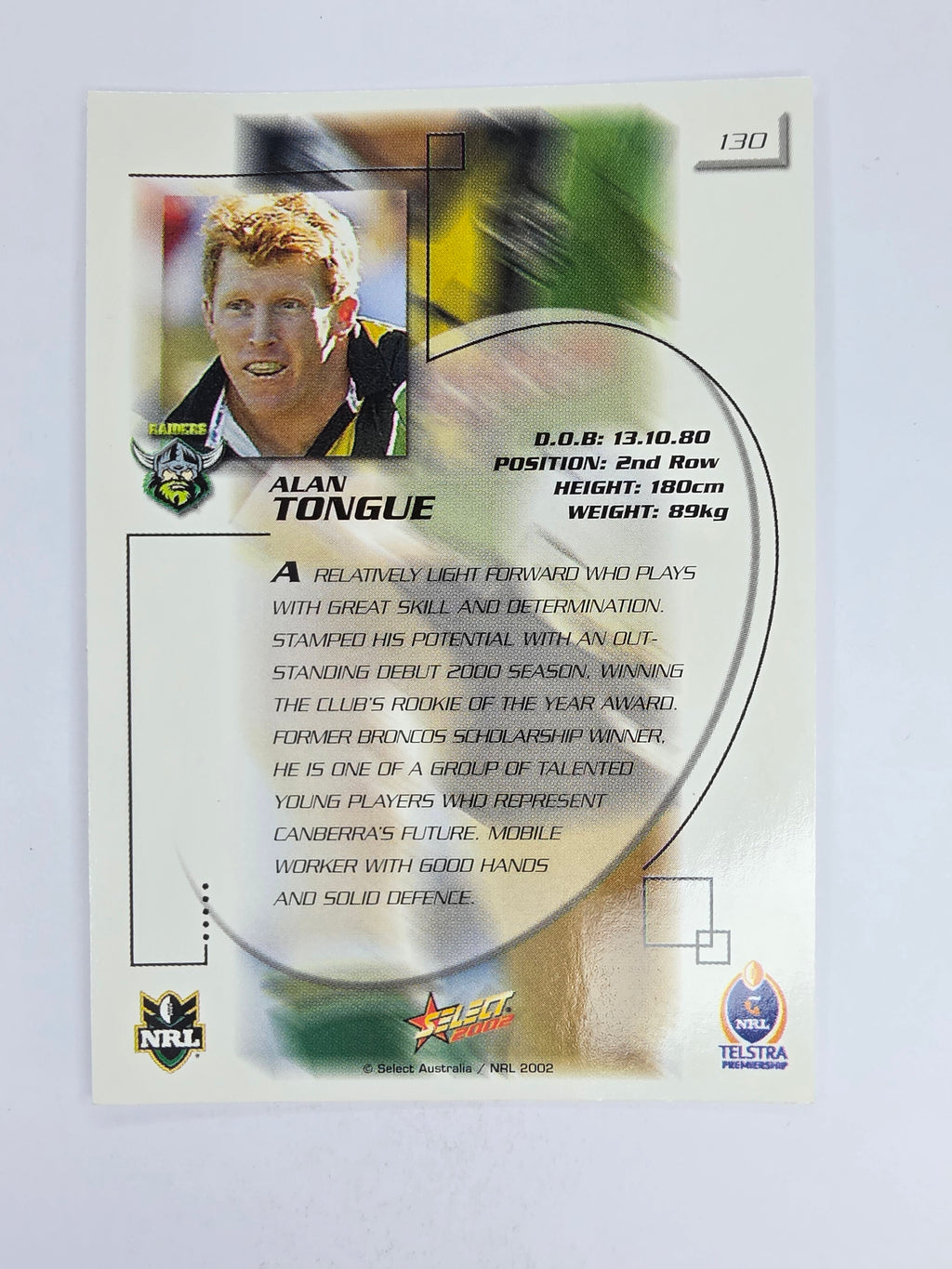 NRL 2002 Challenge Base Card #130 Alan Tongue Canberra Raiders