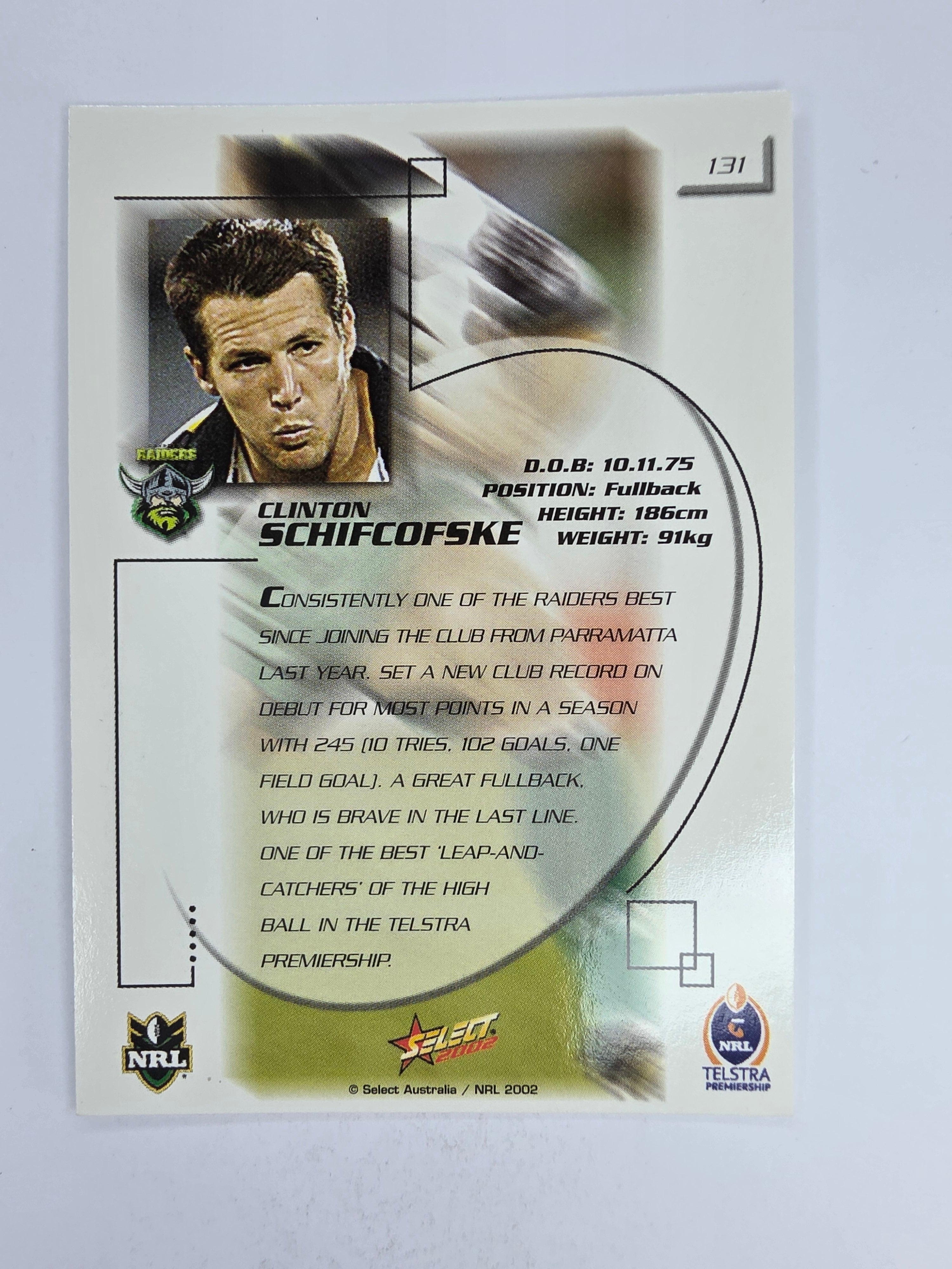 NRL 2002 Challenge Base Card #131 Clinton Schifcofske Canberra Raiders