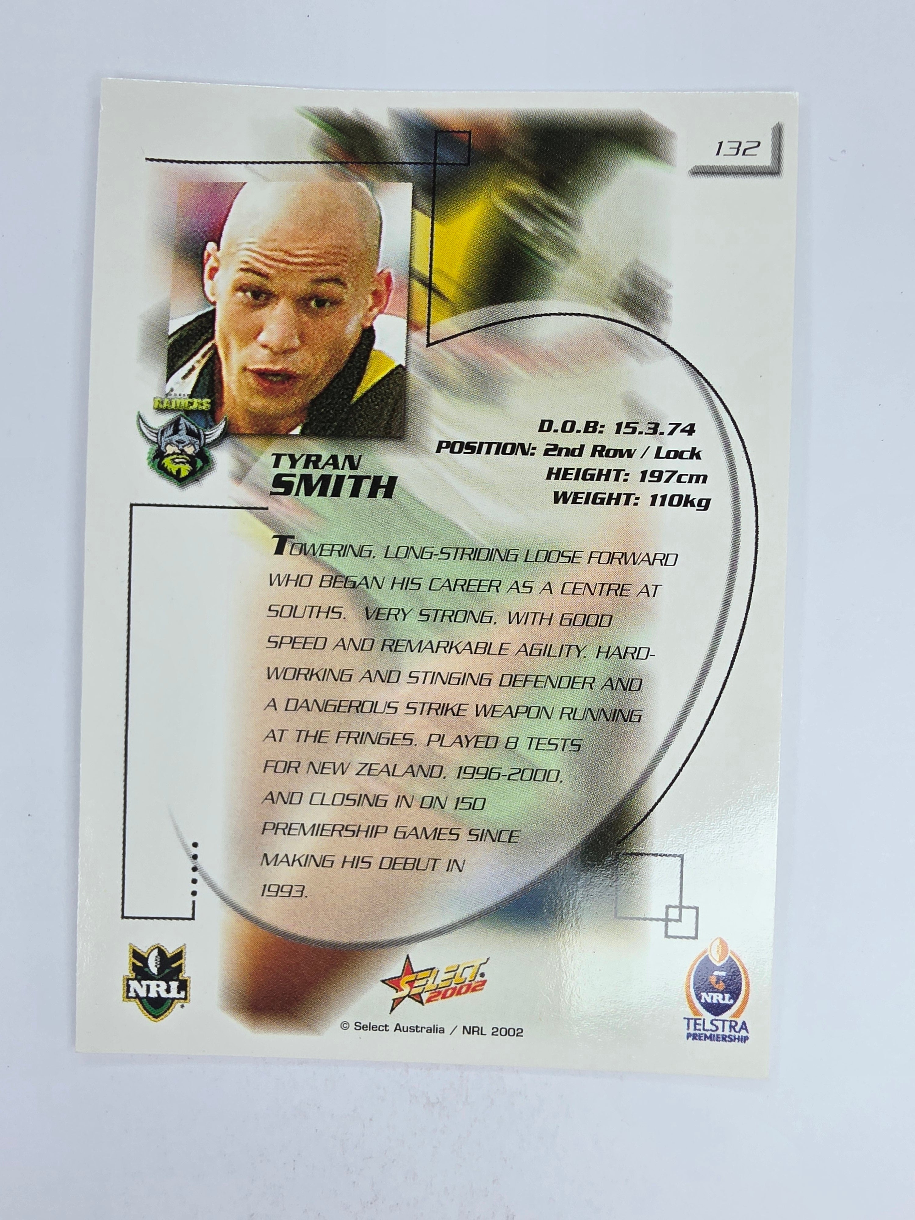 NRL 2002 Challenge Base Card #132 Tyran Smith Canberra Raiders