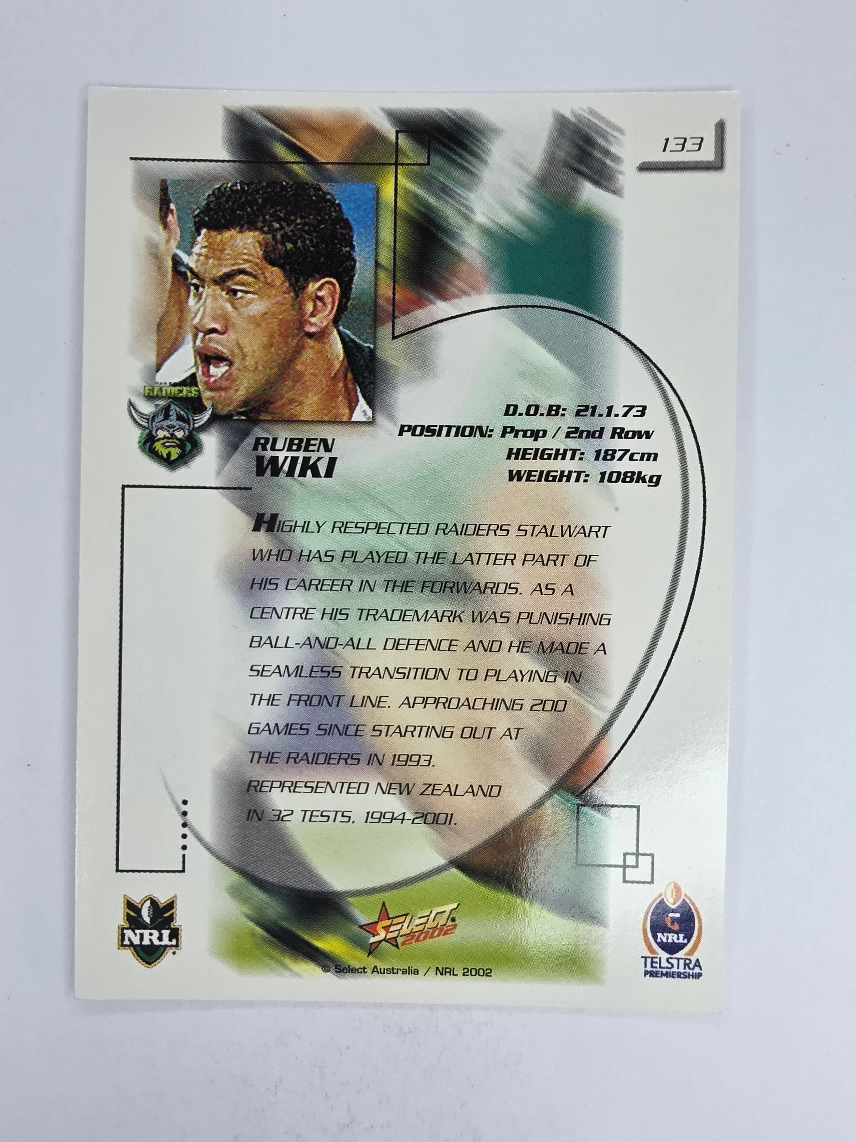 NRL 2002 Challenge Base Card #133 Ruben Wiki Canberra Raiders