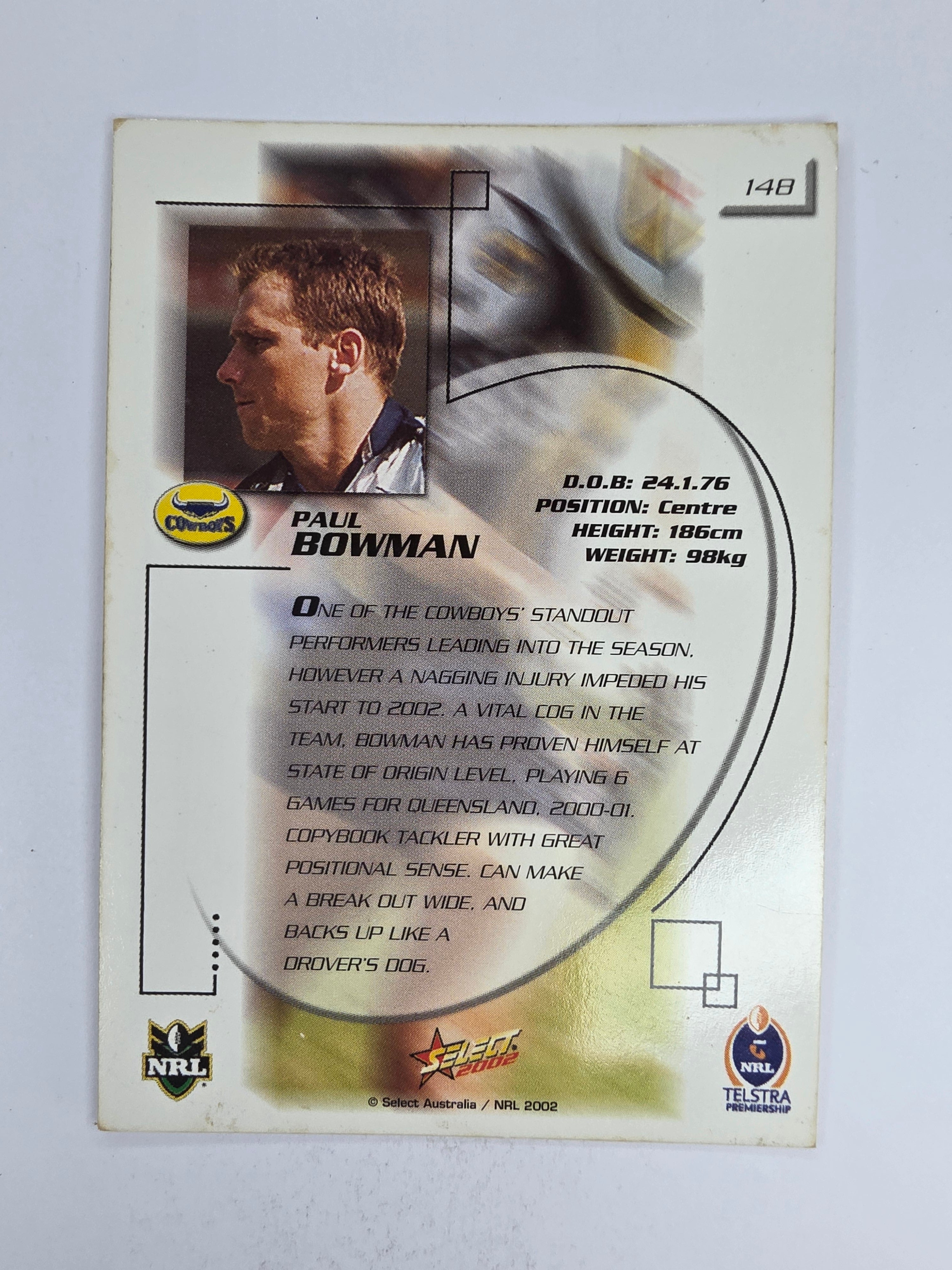NRL 2002 Challenge Base Card #148 Paul Bowman North Queensland Cowboys