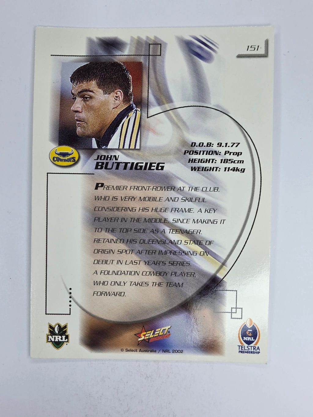 NRL 2002 Challenge Base Card #151 John Buttigieg North Queensland Cowboys