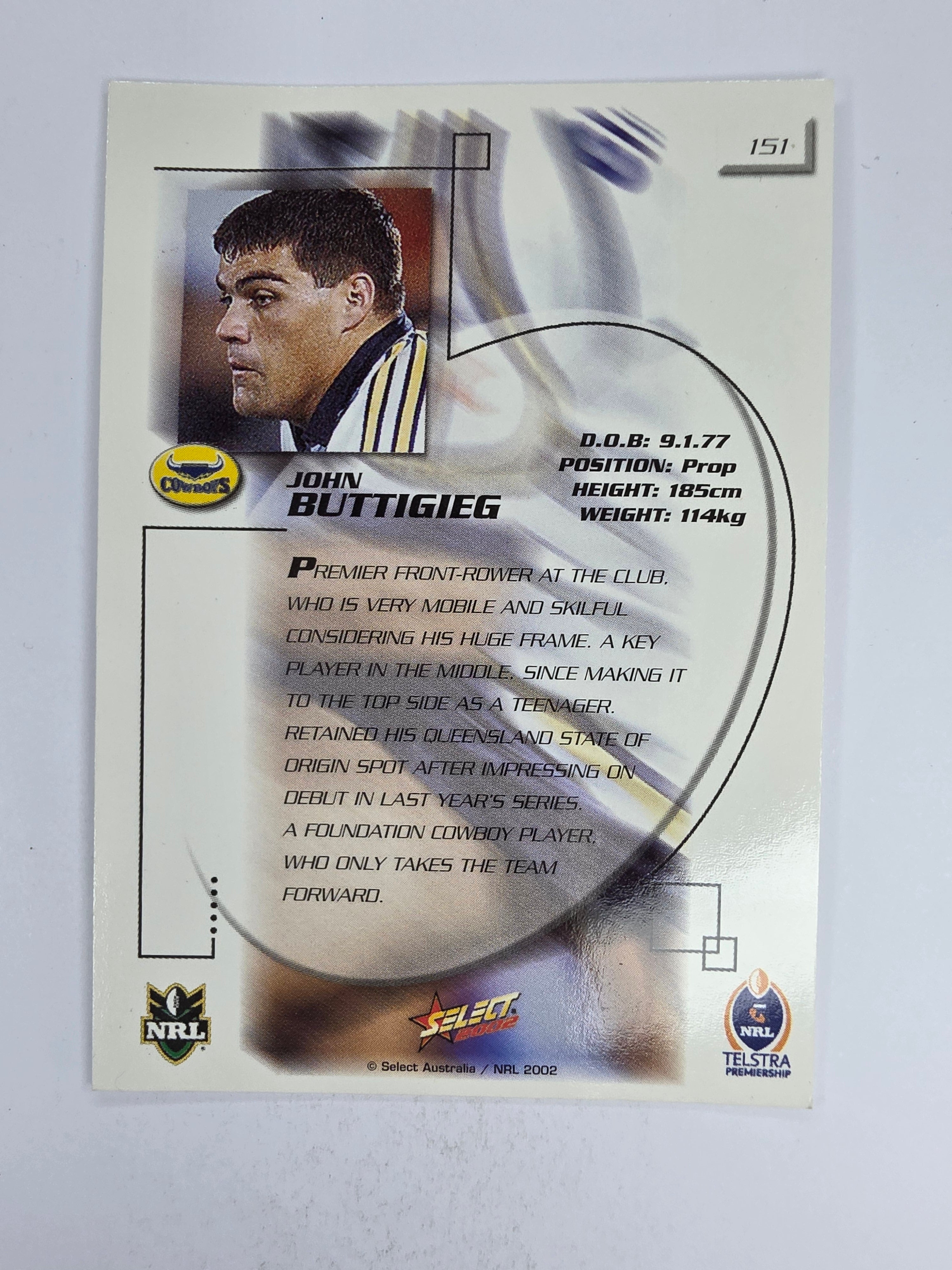 NRL 2002 Challenge Base Card #151 John Buttigieg North Queensland Cowboys