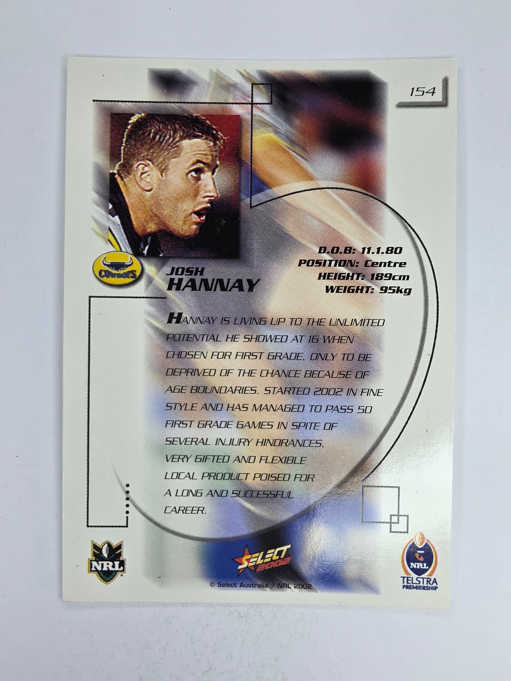 NRL 2002 Challenge Base Card #154 Josh Hannay North Queensland Cowboys