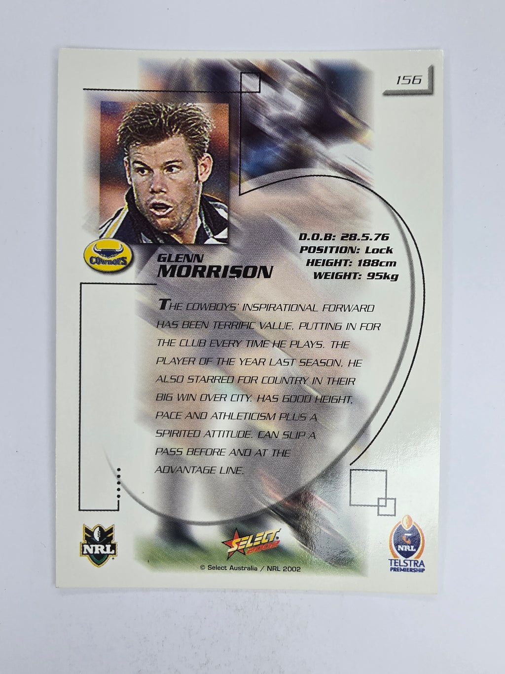 NRL 2002 Challenge Base Card #156 Glenn Morrison North Queensland Cowboys