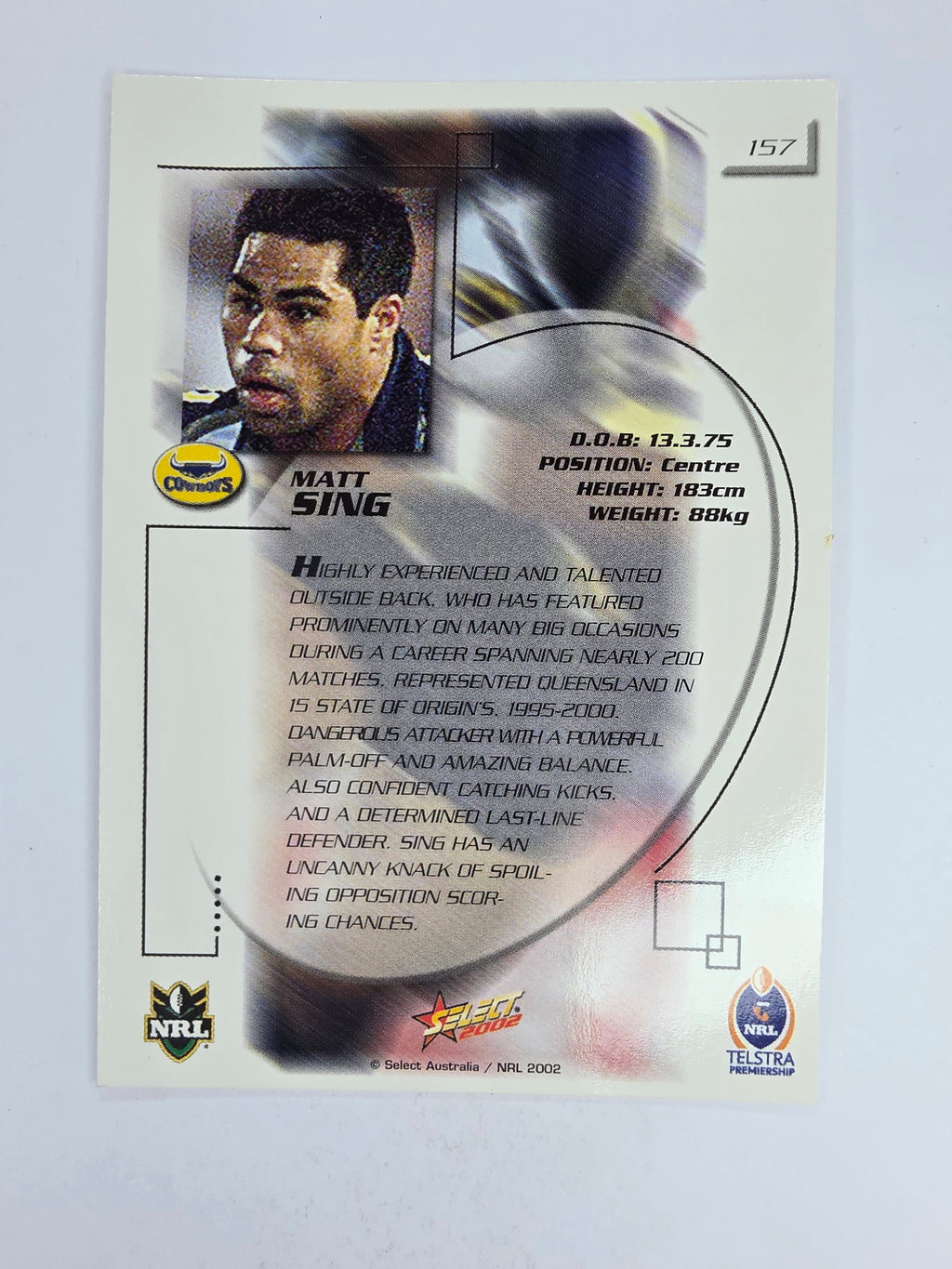 NRL 2002 Challenge Base Card #157 Matt Sing North Queensland Cowboys
