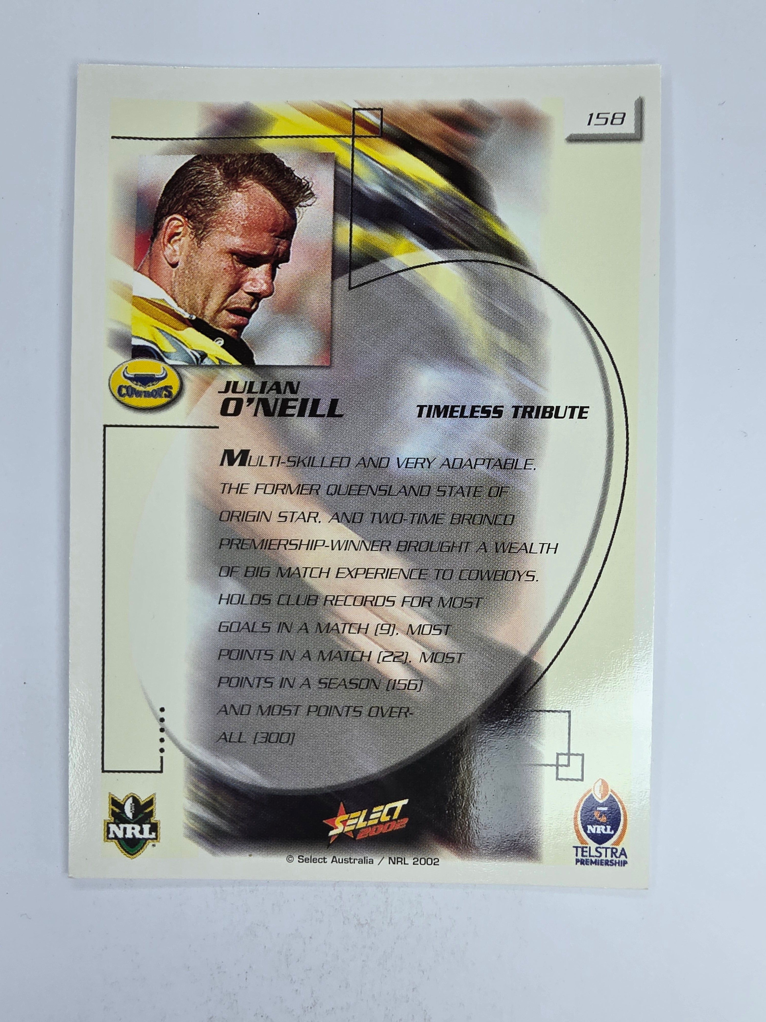 NRL 2002 Challenge Base Card #158 Julian O'Neill North Queensland Cowboys
