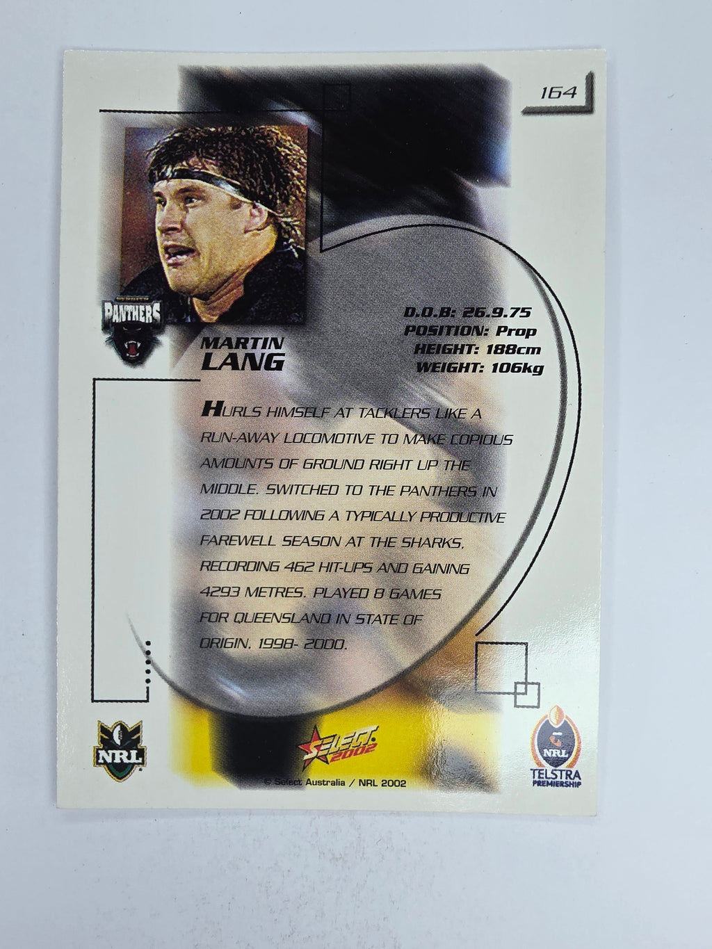 NRL 2002 Challenge Base Card #164 Martin Lang Penrith Panthers