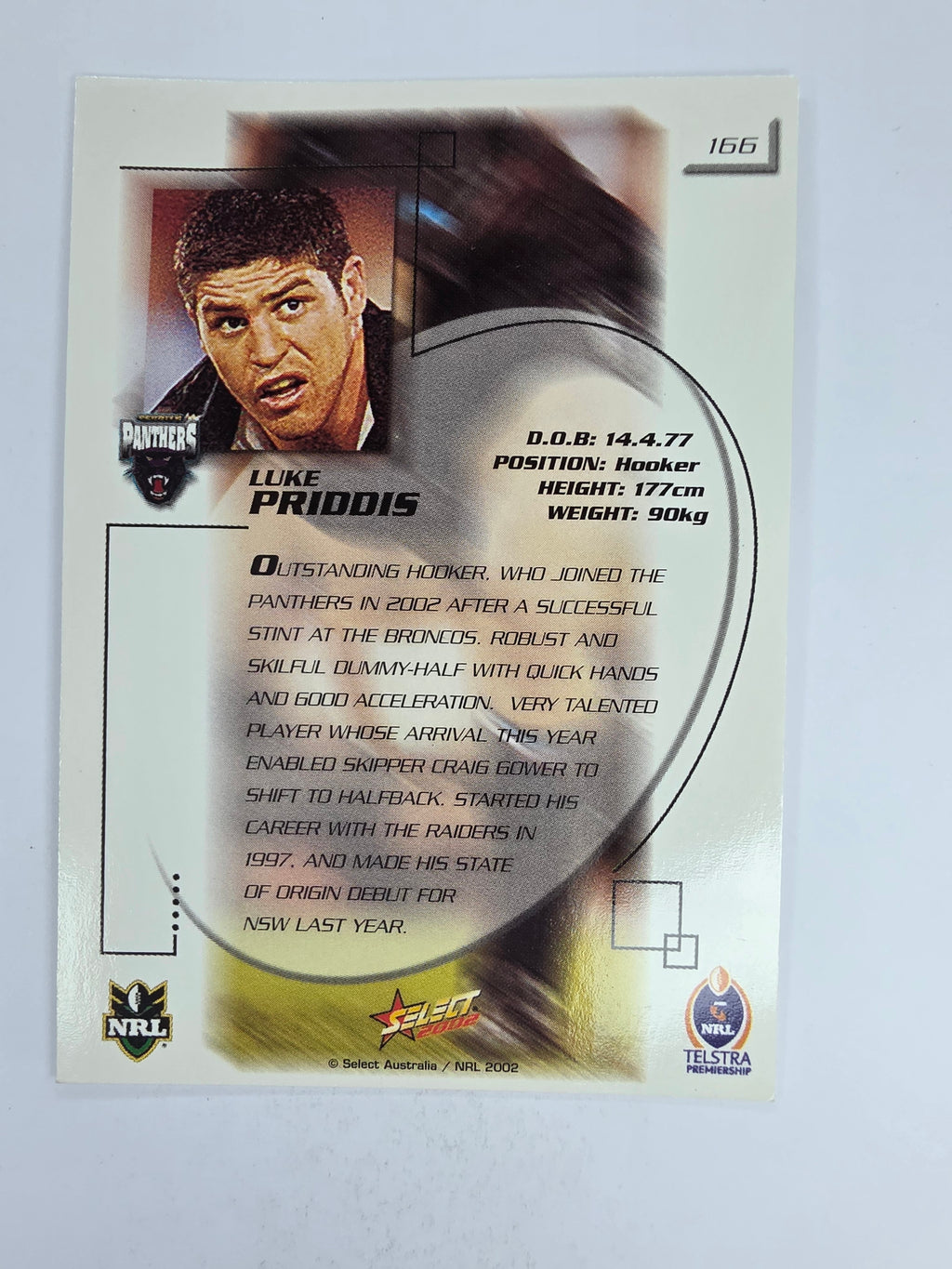 NRL 2002 Challenge Base Card #166 Luke Priddis Penrith Panthers