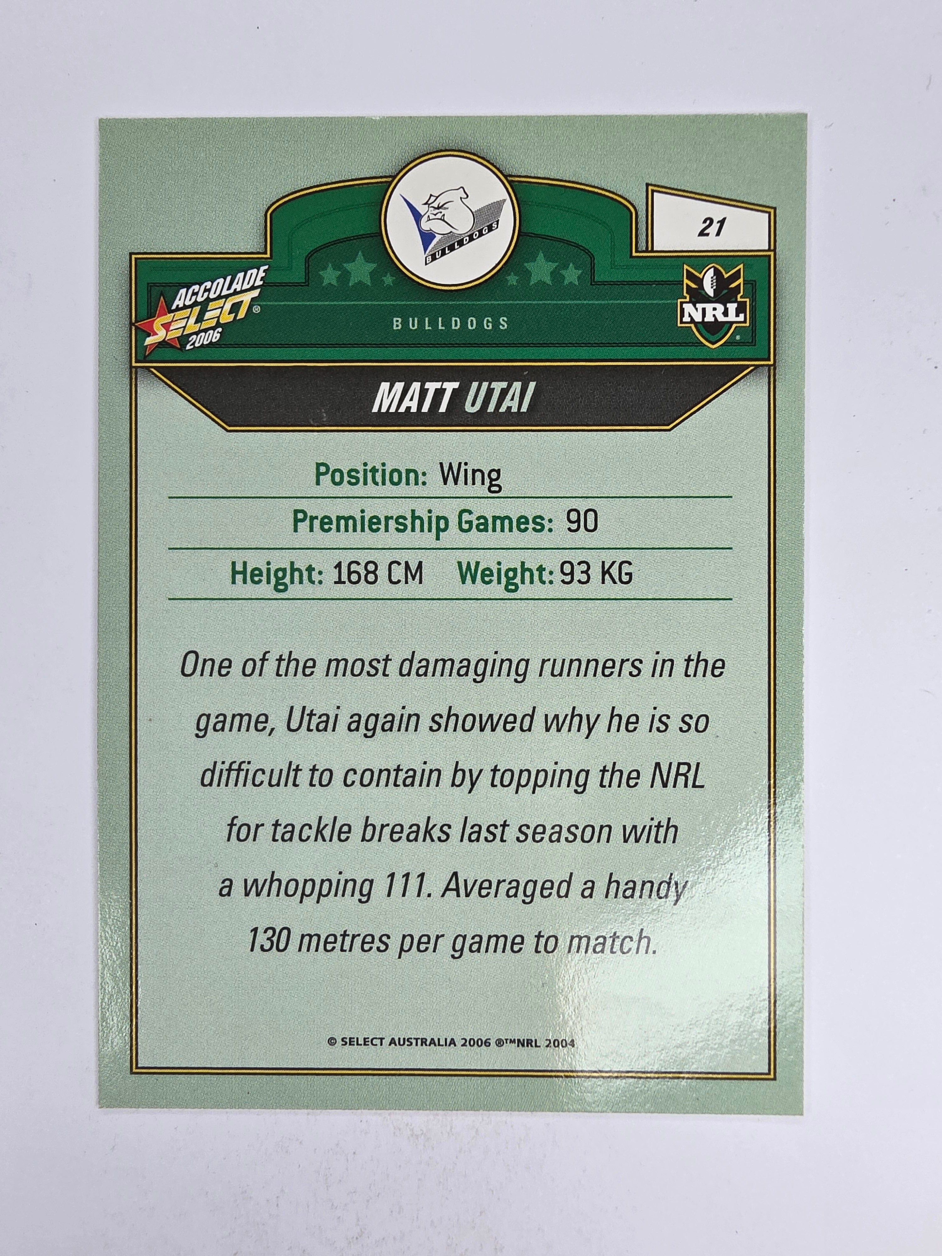 NRL 2006 Accolade Base Card #21 Matt Utai Canterbury Bankstown Bulldogs