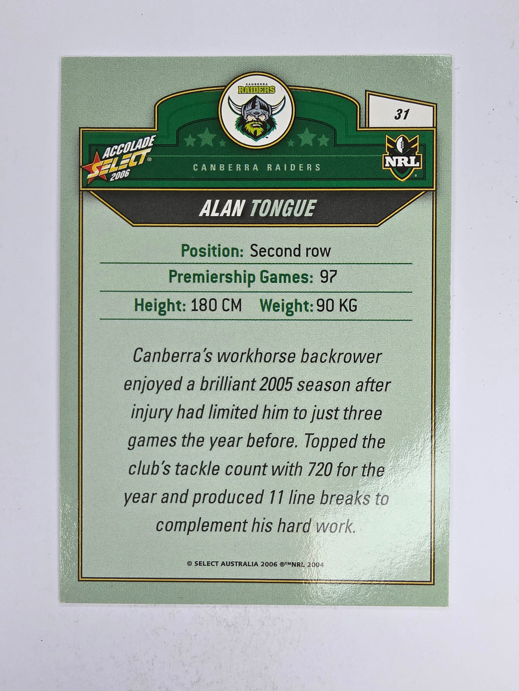 NRL 2006 Accolade Base Card #31 Alan Tongue Canberra Raiders