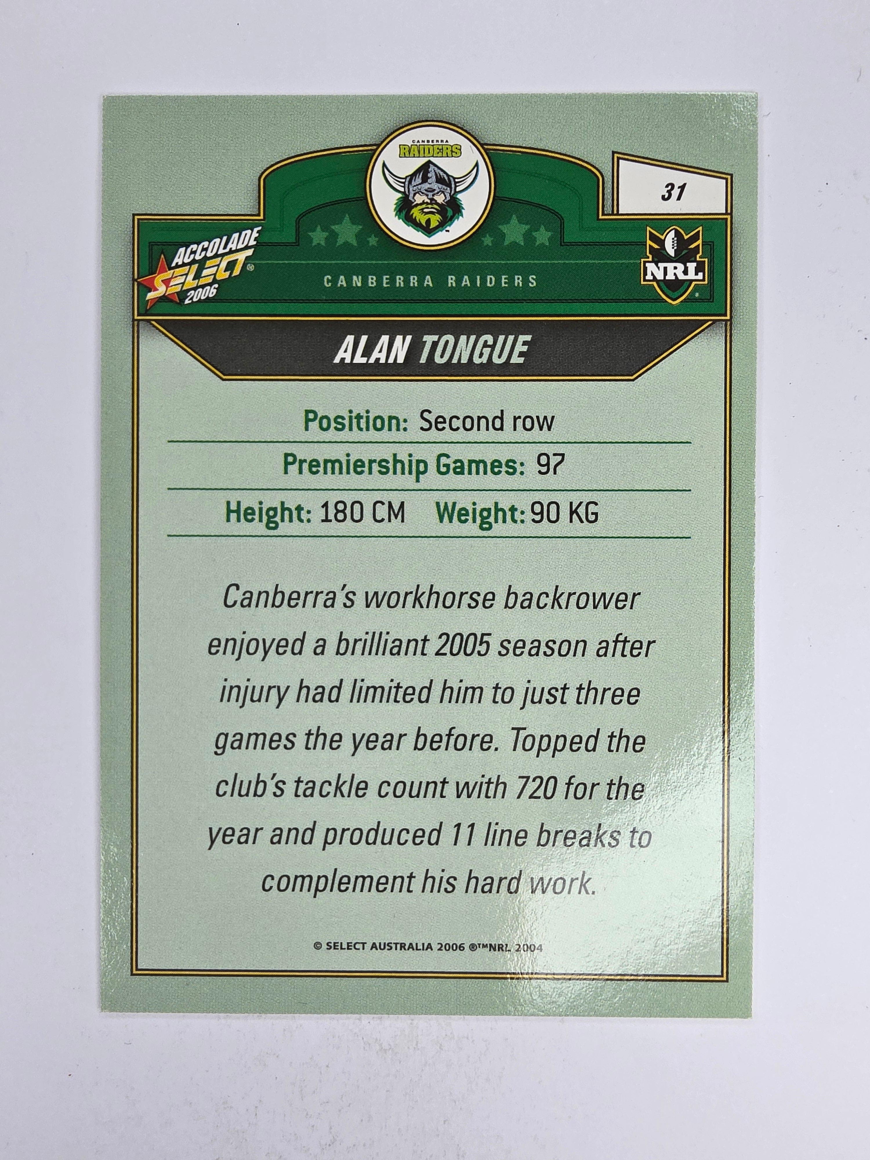 NRL 2006 Accolade Base Card #31 Alan Tongue Canberra Raiders