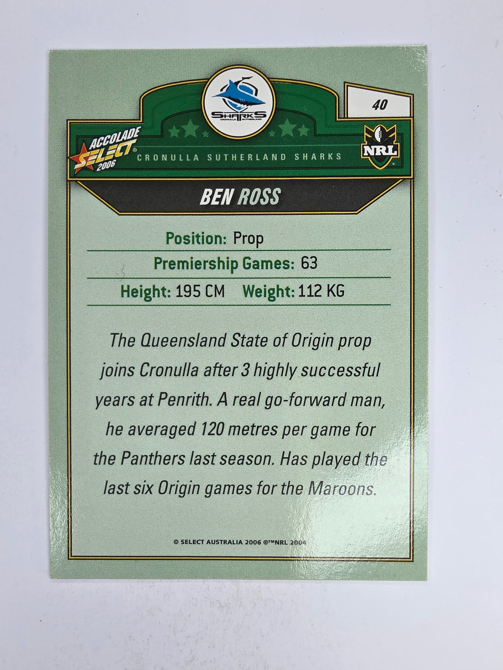 NRL 2006 Accolade Base Card #40 Ben Ross Cronulla Sutherland Sharks