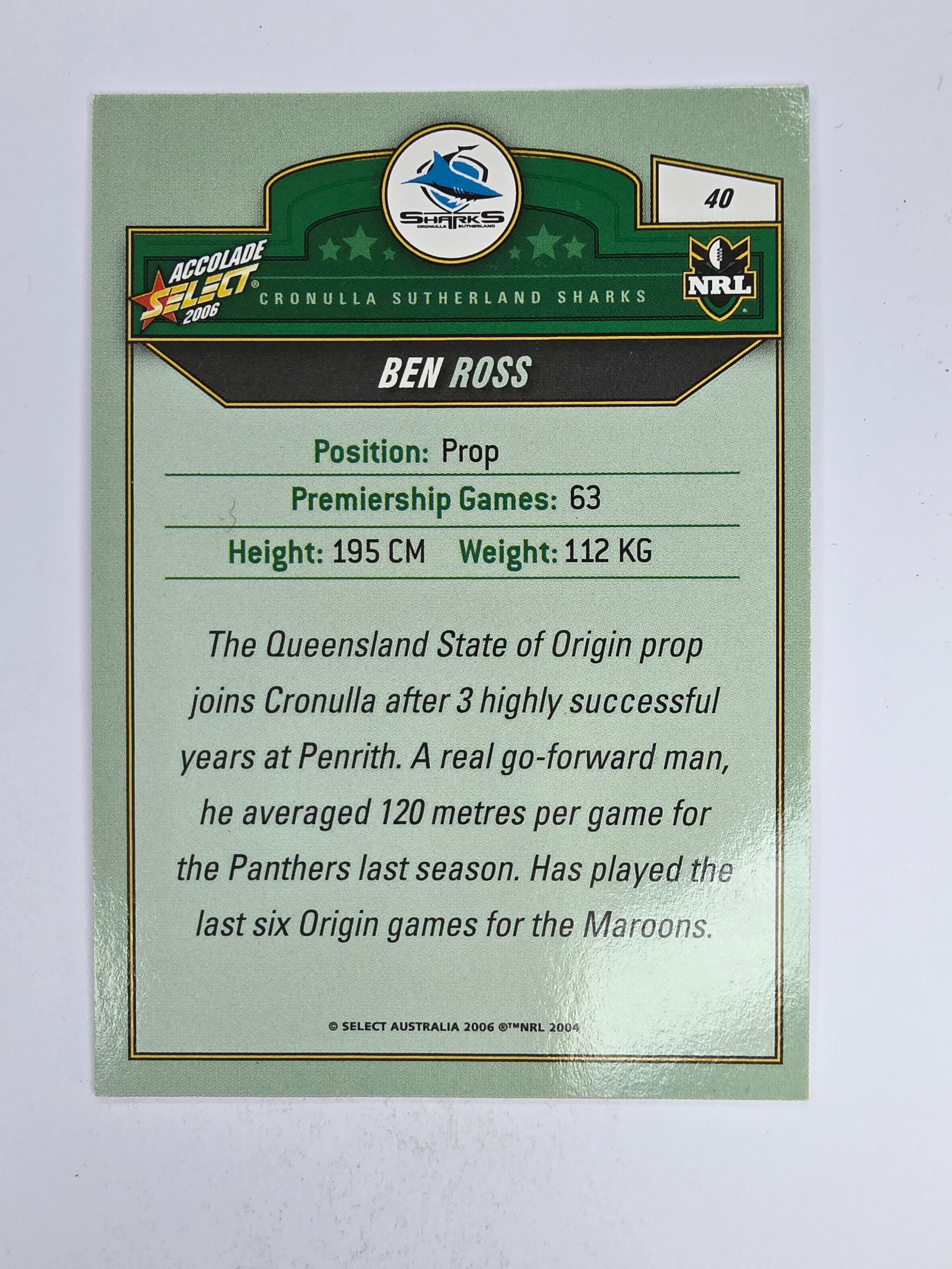 NRL 2006 Accolade Base Card #40 Ben Ross Cronulla Sutherland Sharks