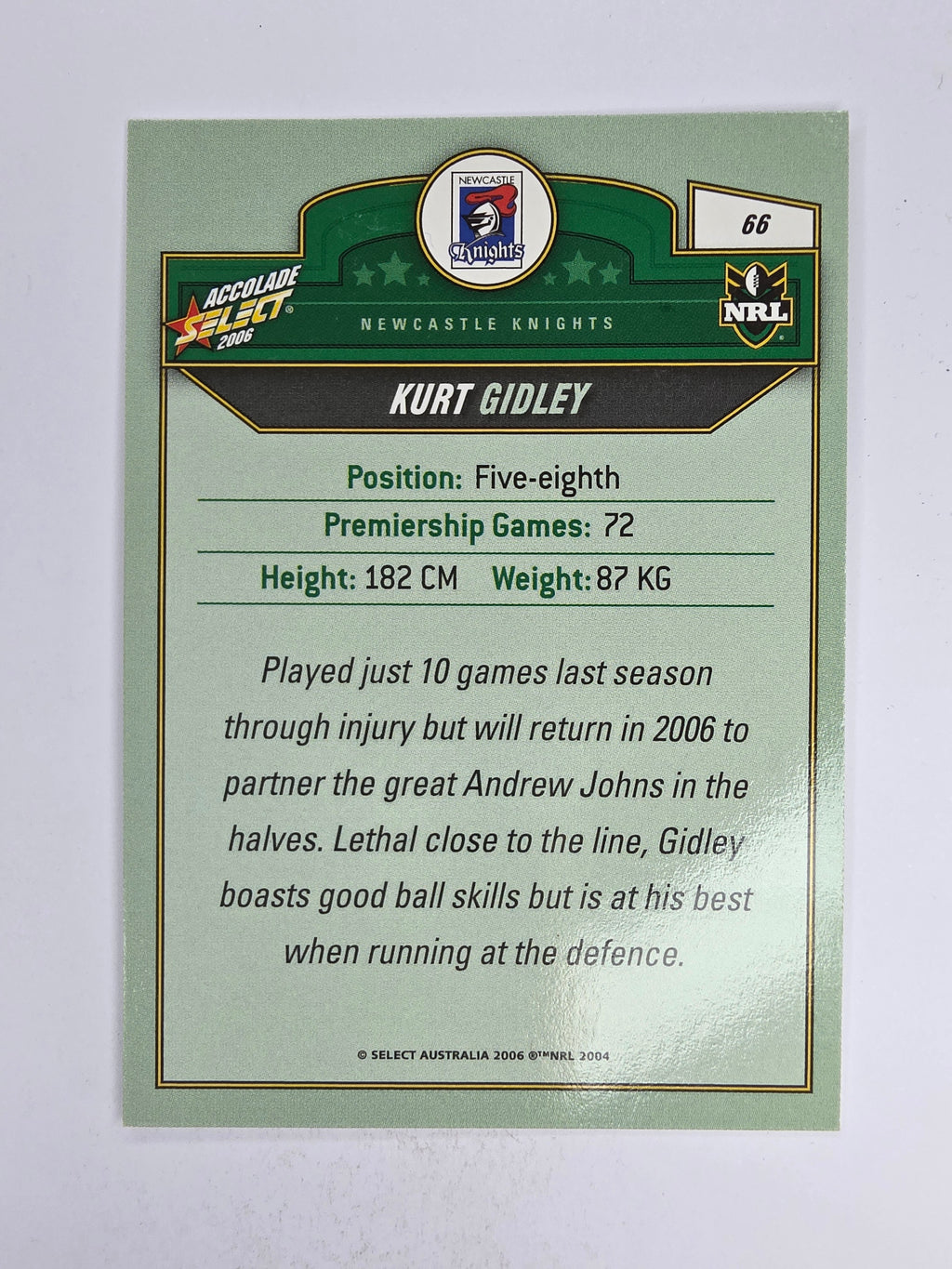 NRL 2006 Accolade Base Card #66 Kurt Gidley Newcastle Knights