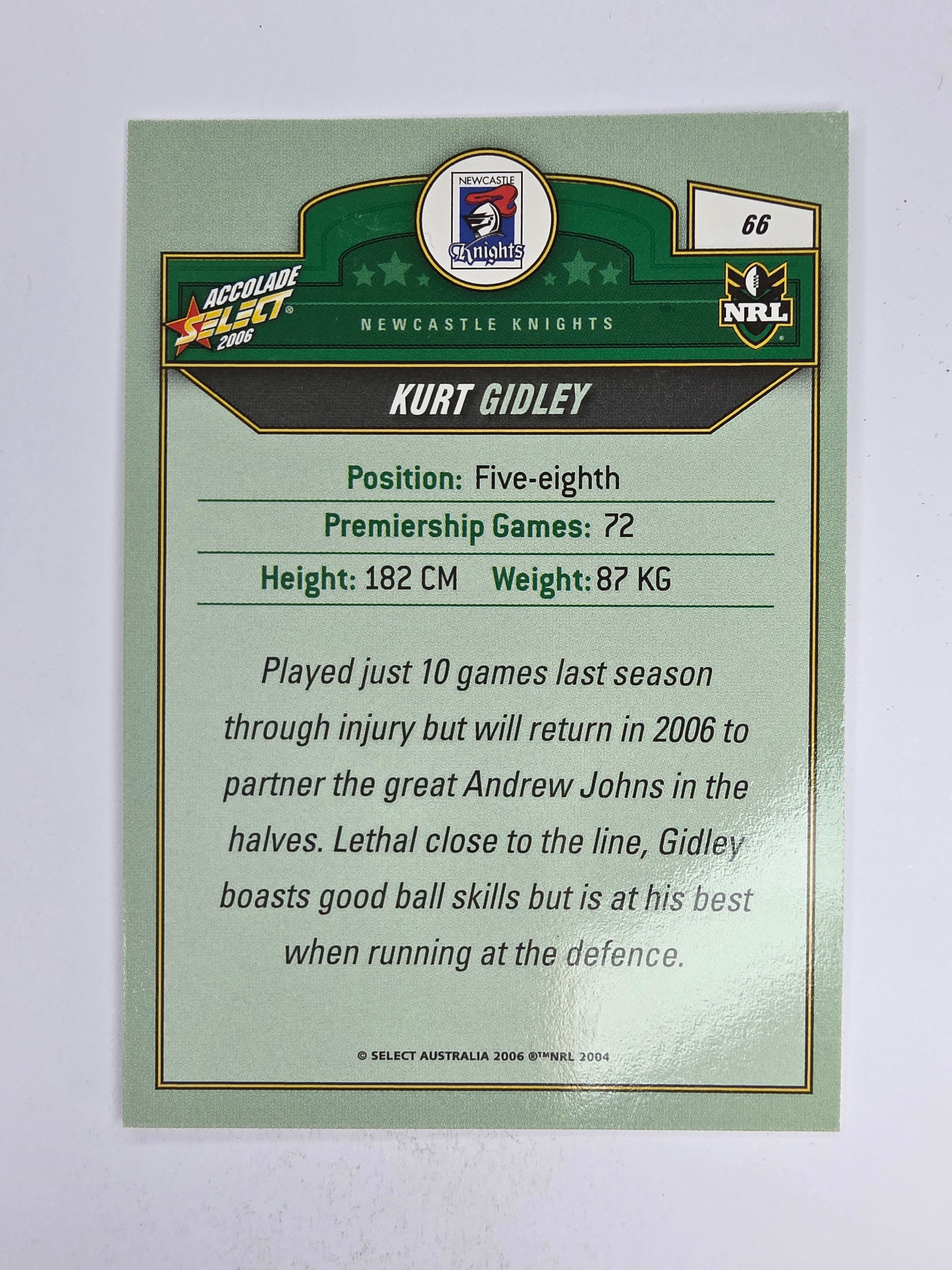 NRL 2006 Accolade Base Card #66 Kurt Gidley Newcastle Knights