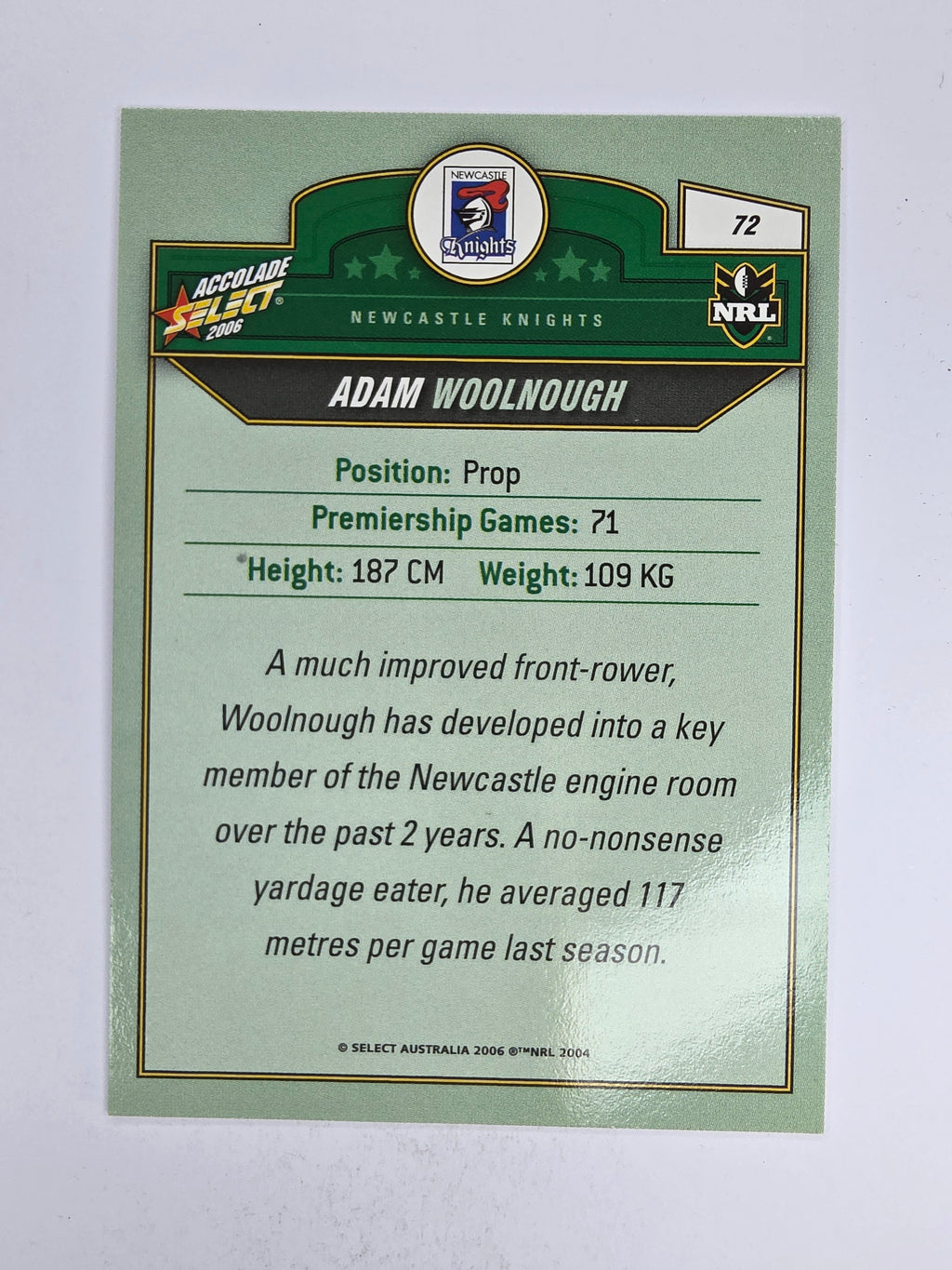 NRL 2006 Accolade Base Card #72 Adam Woolnough Newcastle Knights