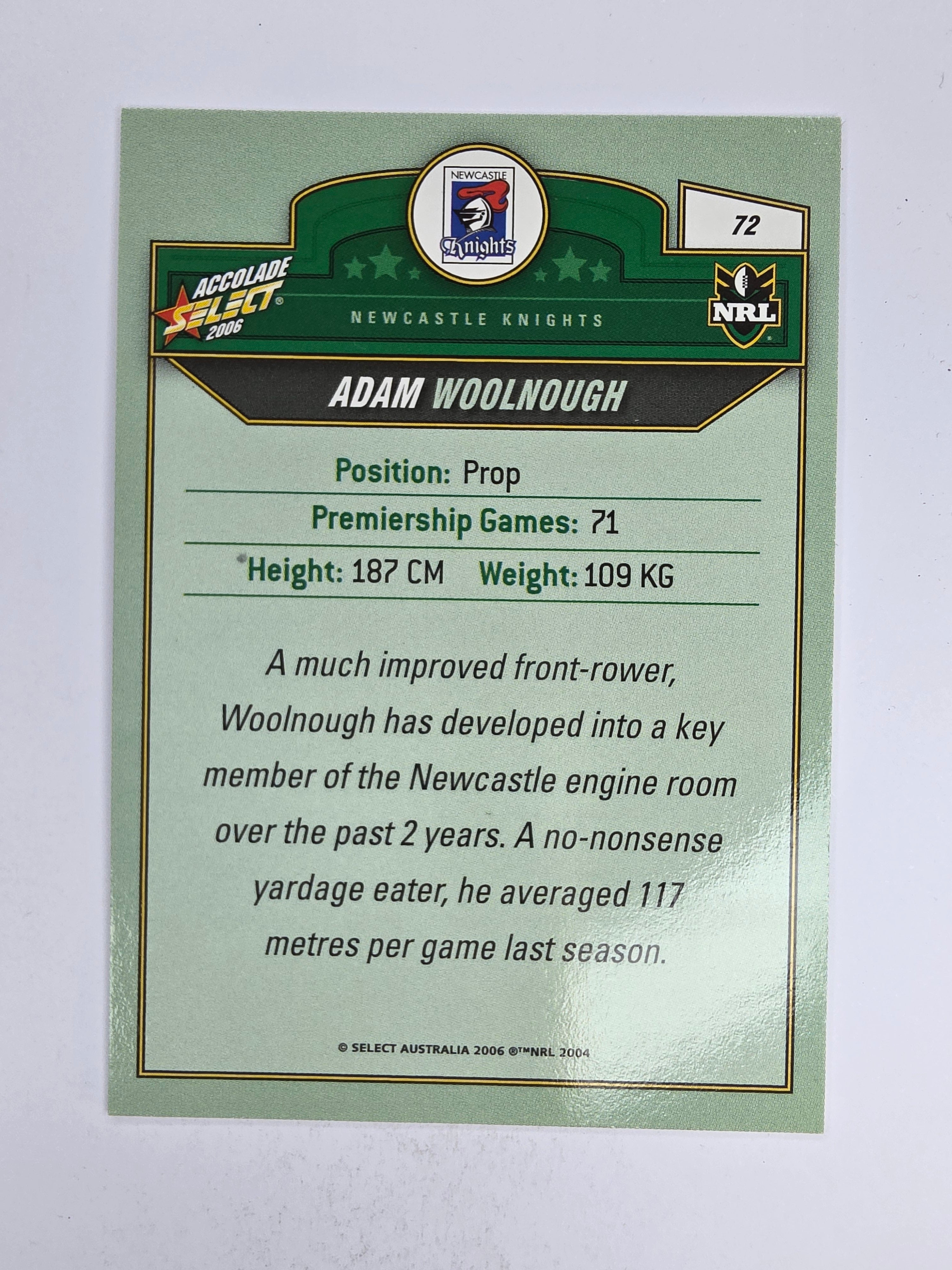 NRL 2006 Accolade Base Card #72 Adam Woolnough Newcastle Knights