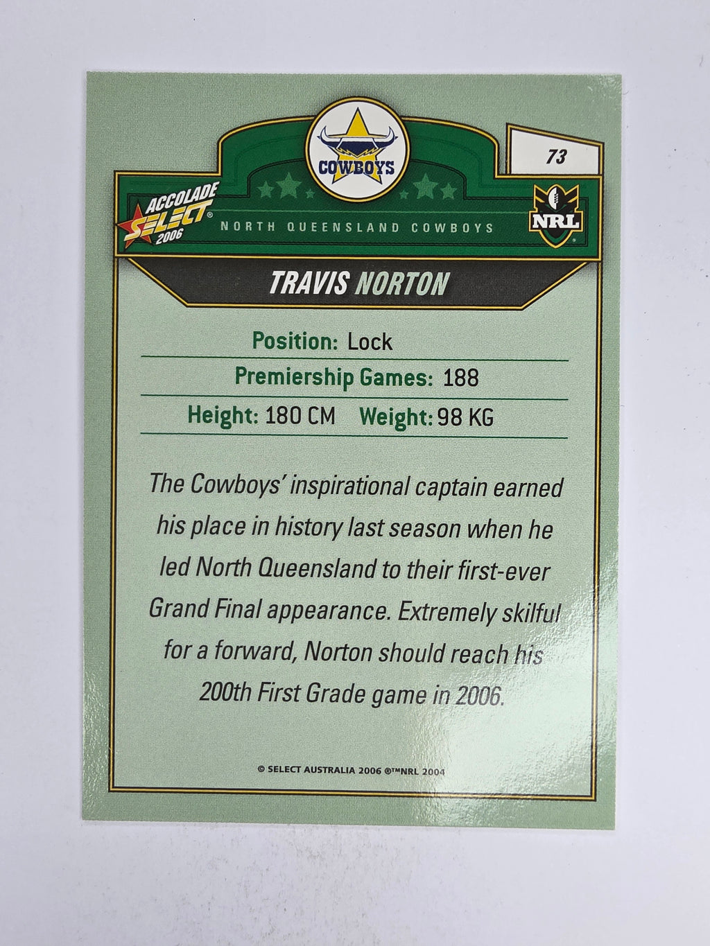 NRL 2006 Accolade Base Card #73 Travis Norton North Queensland Cowboys