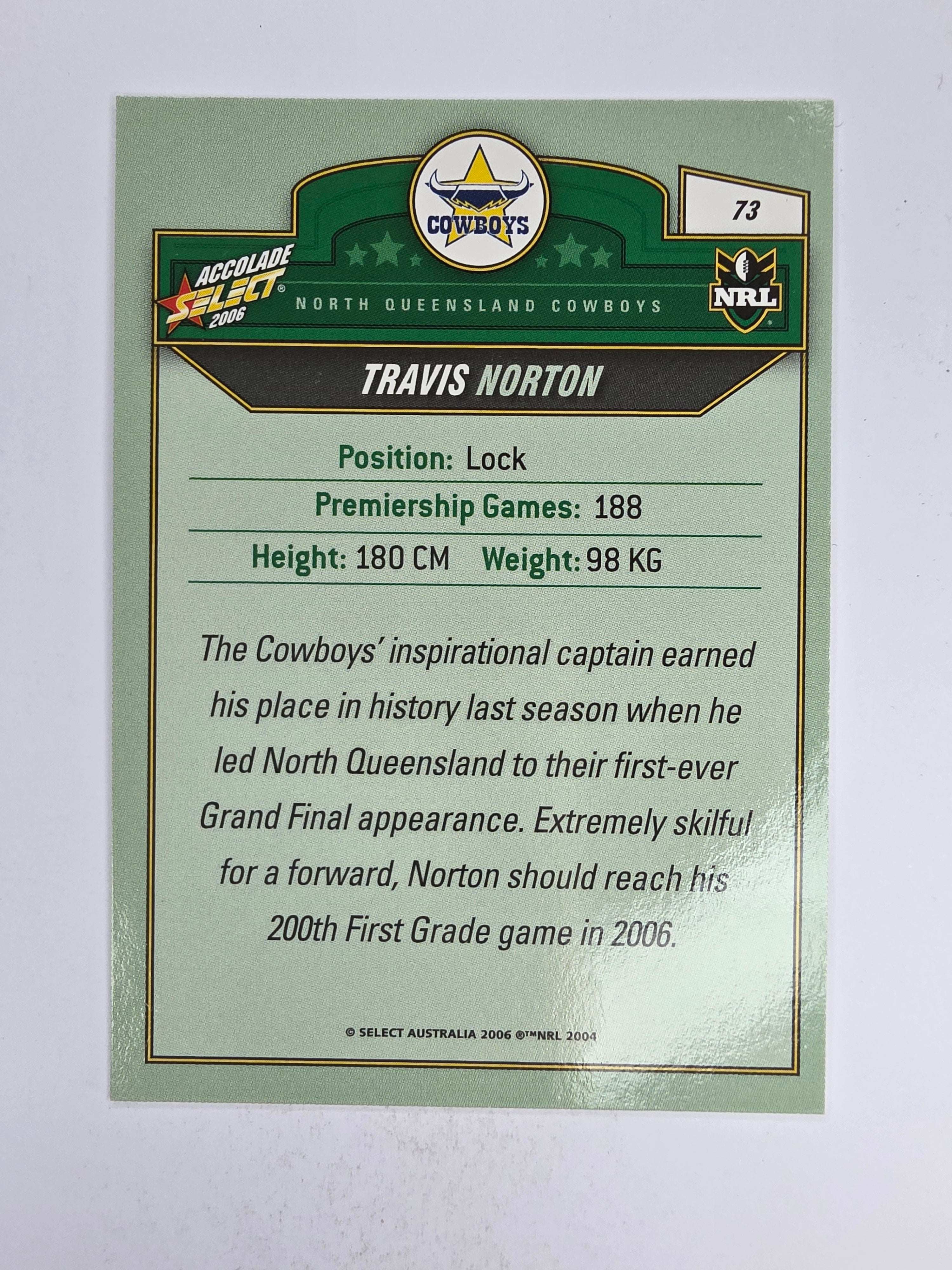 NRL 2006 Accolade Base Card #73 Travis Norton North Queensland Cowboys