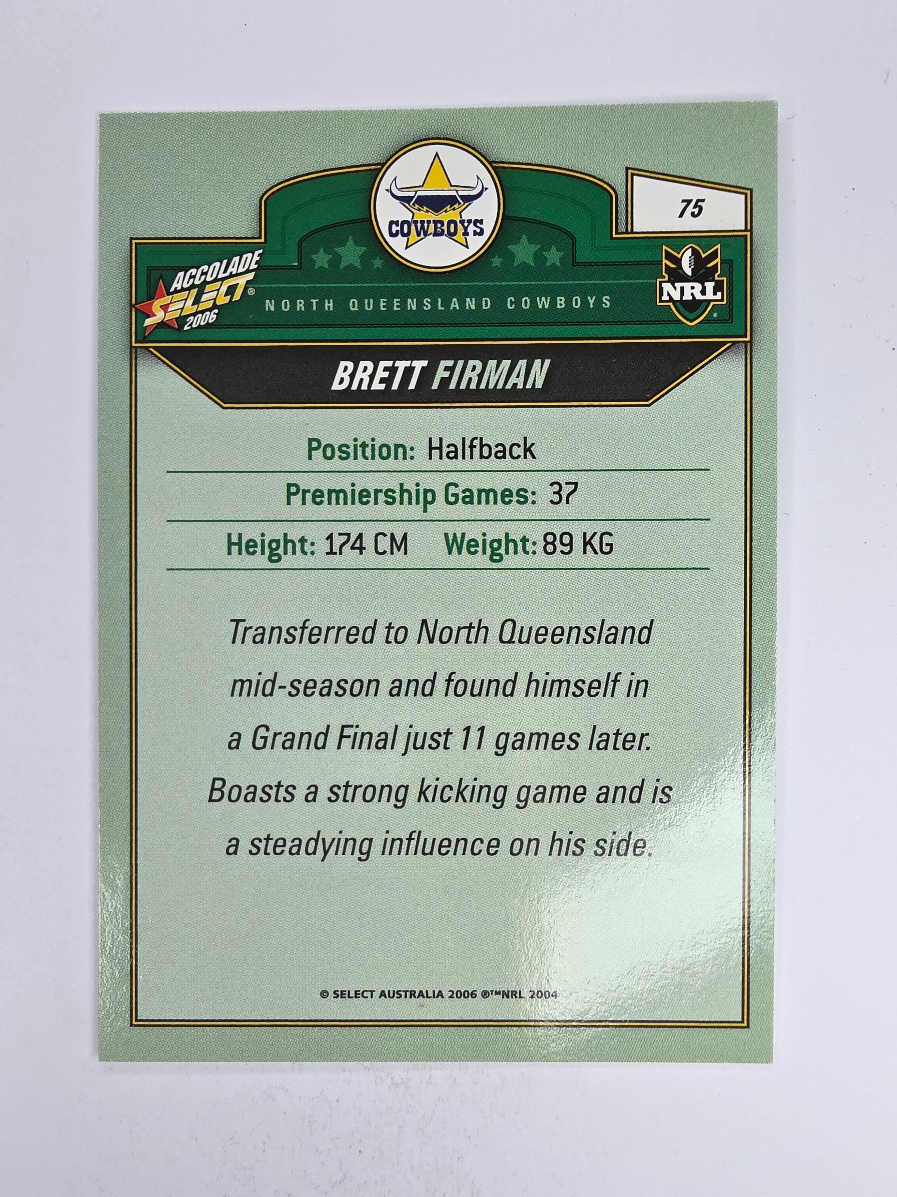 NRL 2006 Accolade Base Card #75 Brett Firman North Queensland Cowboys