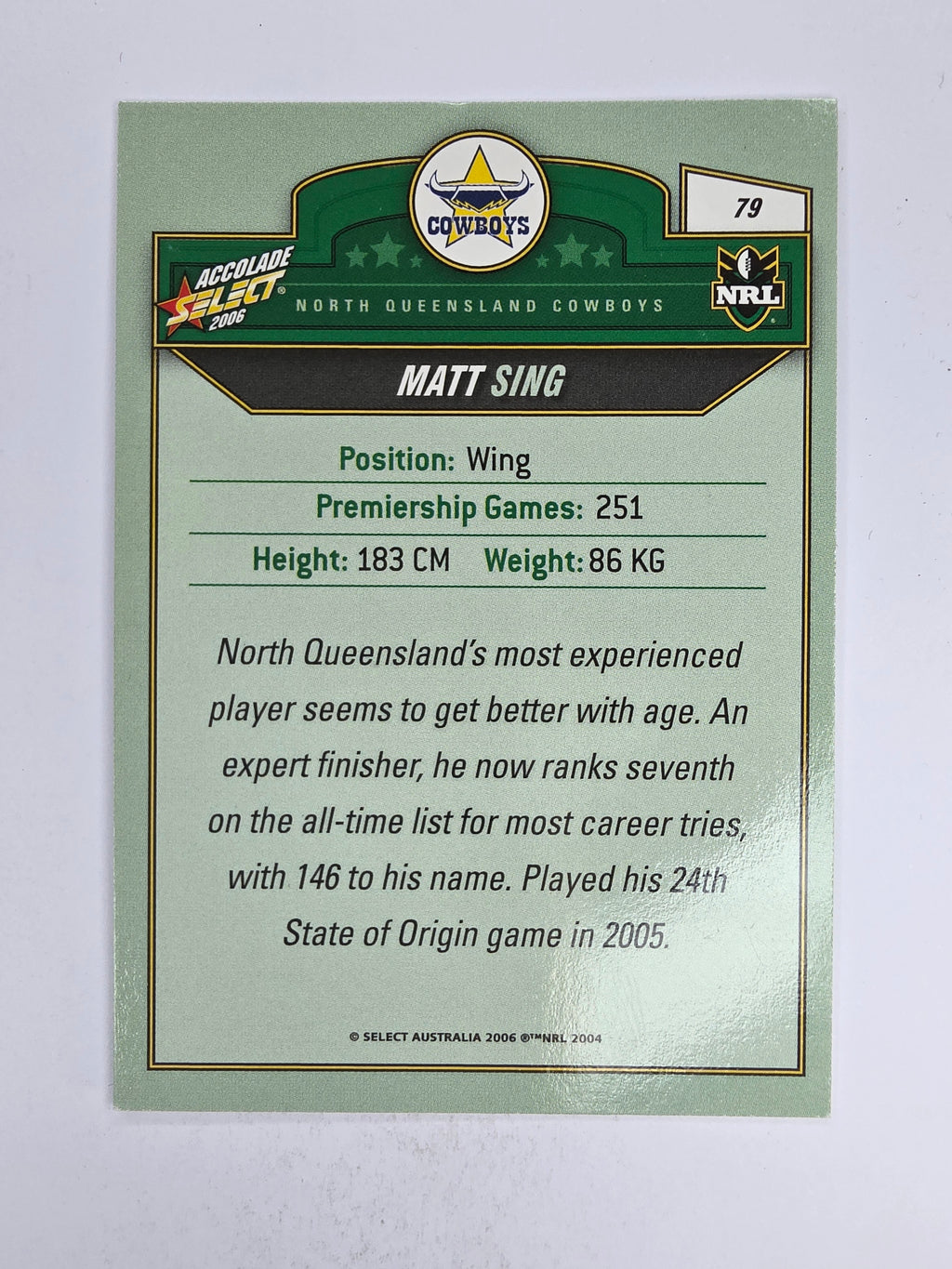 NRL 2006 Accolade Base Card #79 Matt Sing North Queensland Cowboys