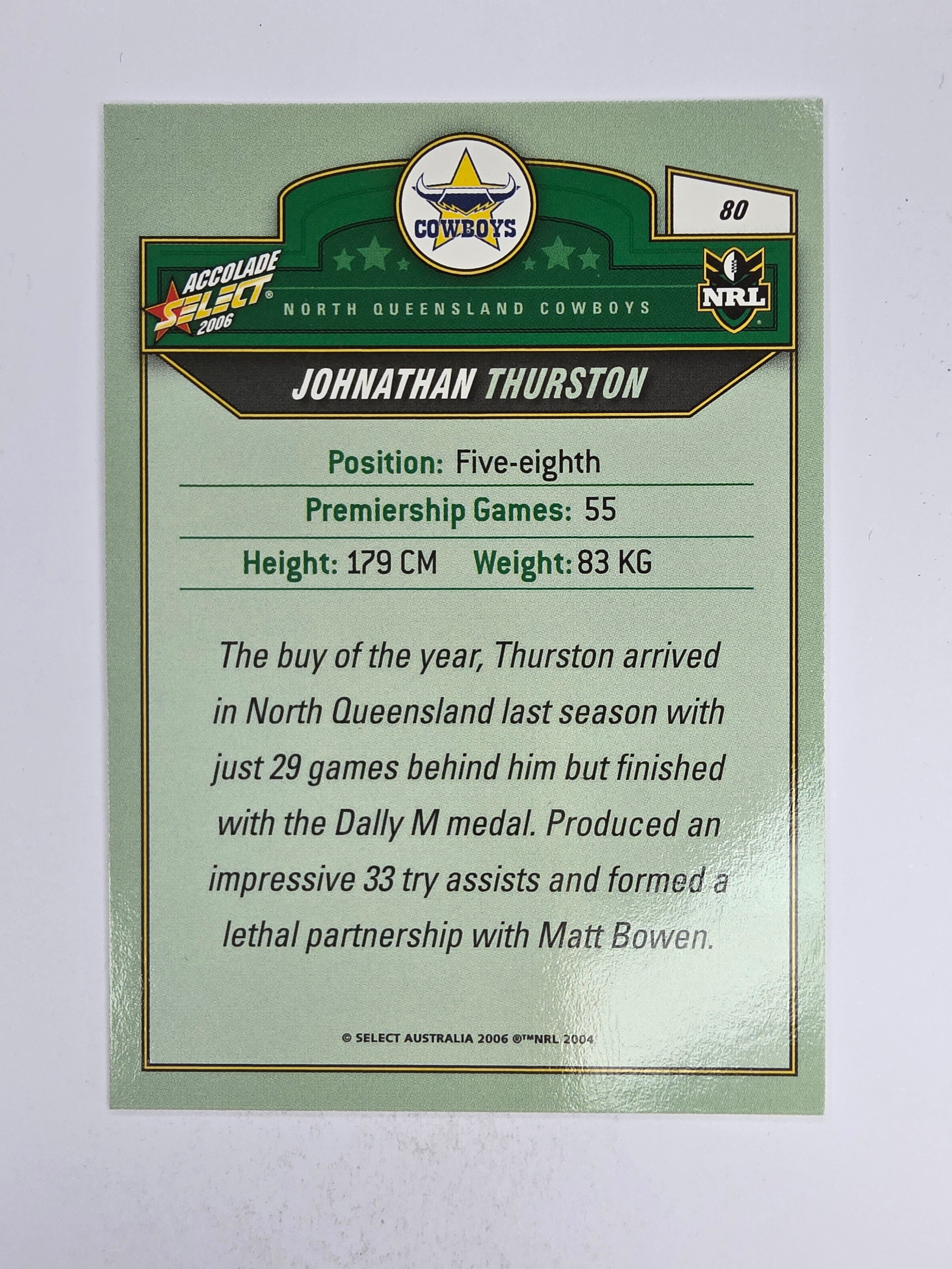 NRL 2006 Accolade Base Card #80 Johnathan Thurston North Queensland Cowboys