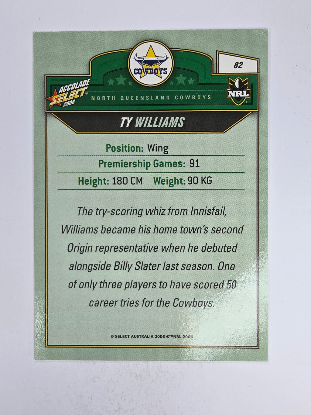 NRL 2006 Accolade Base Card #82 Ty Williams North Queensland Cowboys