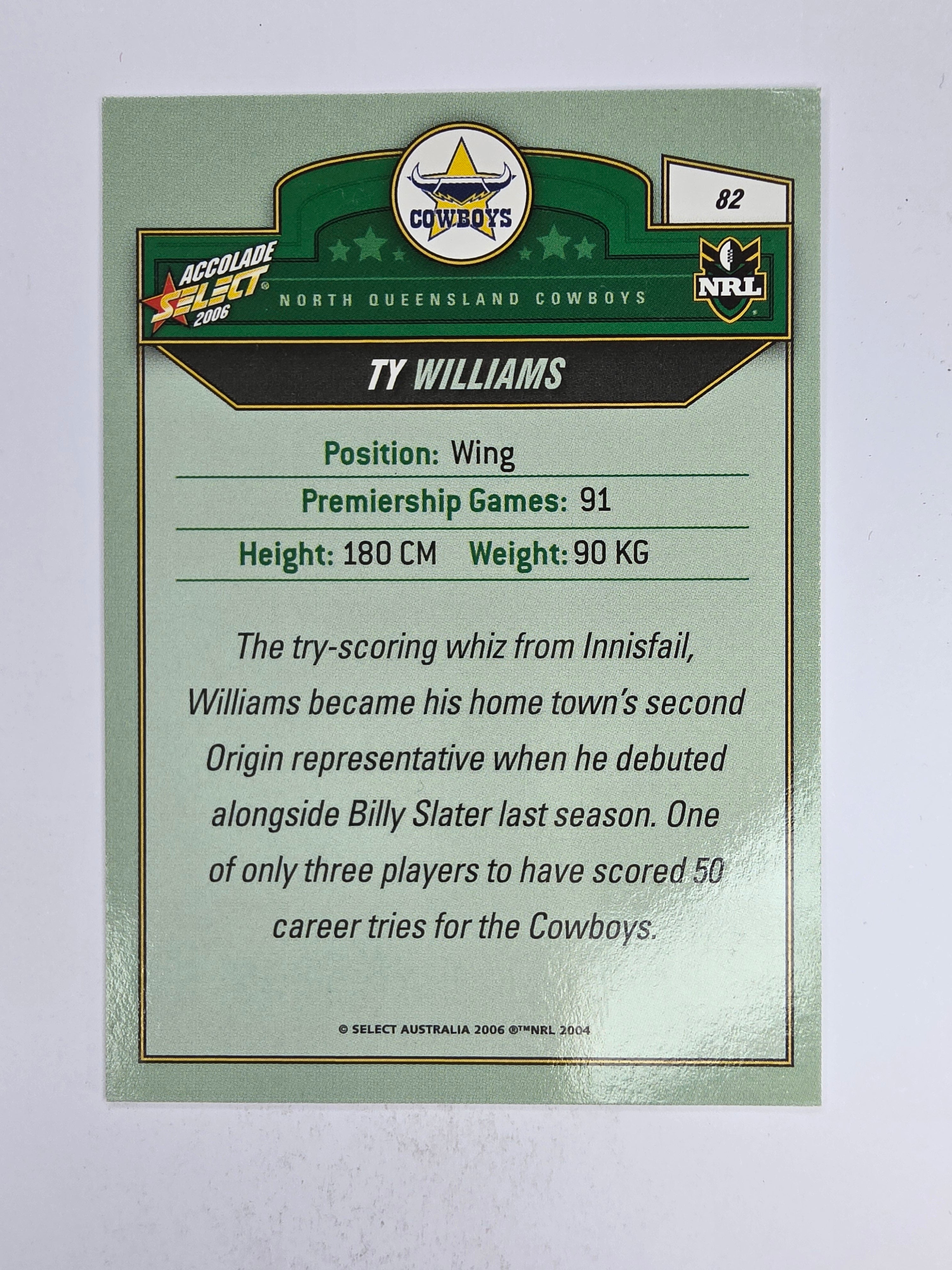 NRL 2006 Accolade Base Card #82 Ty Williams North Queensland Cowboys