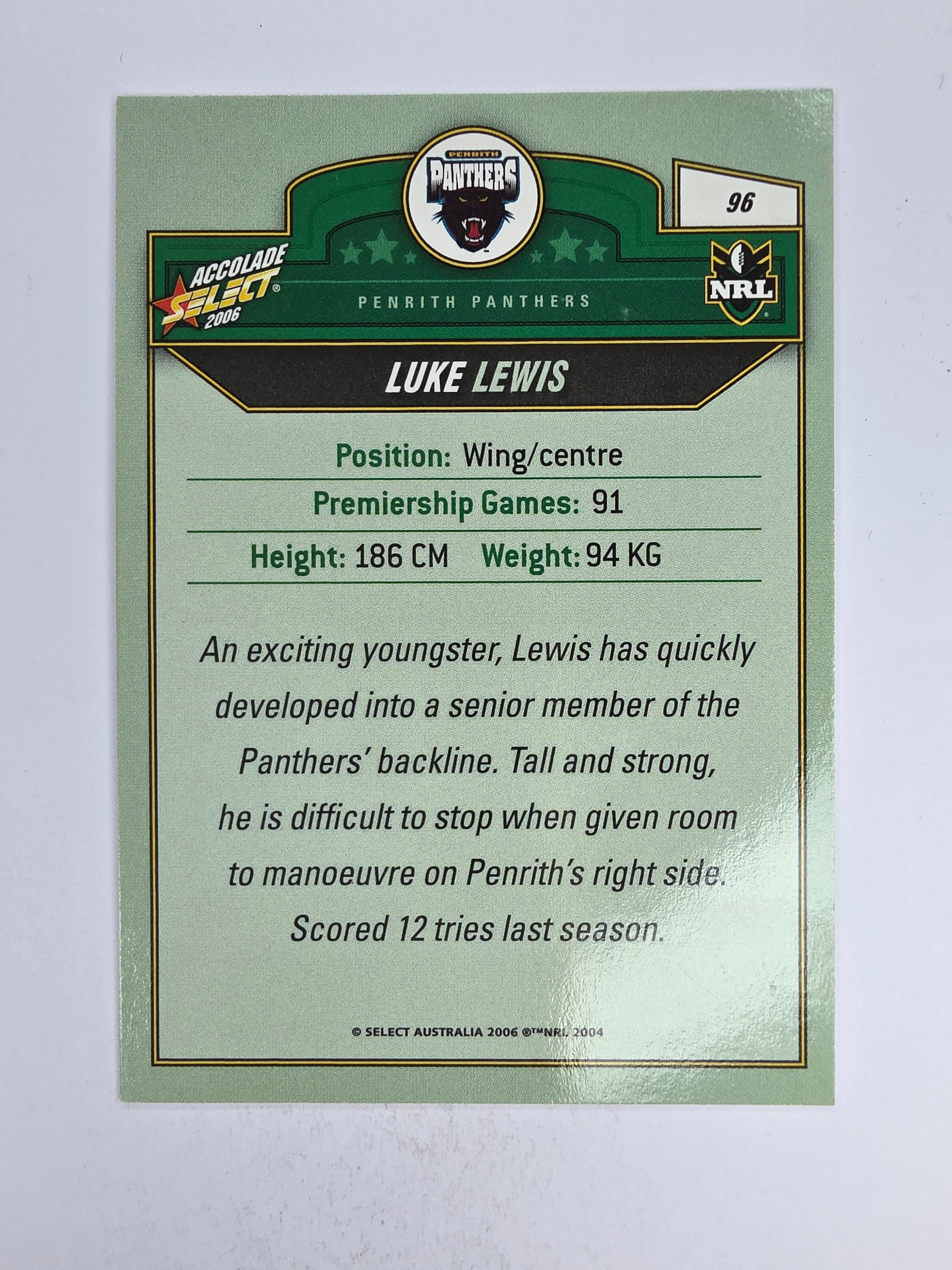 NRL 2006 Accolade Base Card #96 Luke Lewis Penrith Panthers