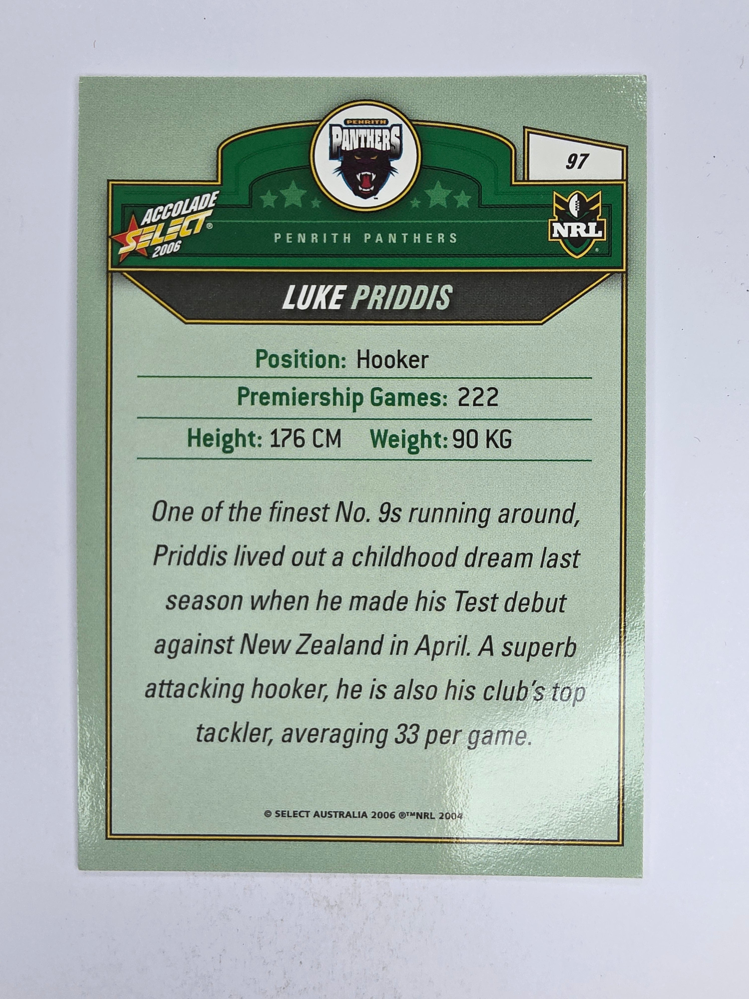 NRL 2006 Accolade Base Card #97 Luke Priddis Penrith Panthers