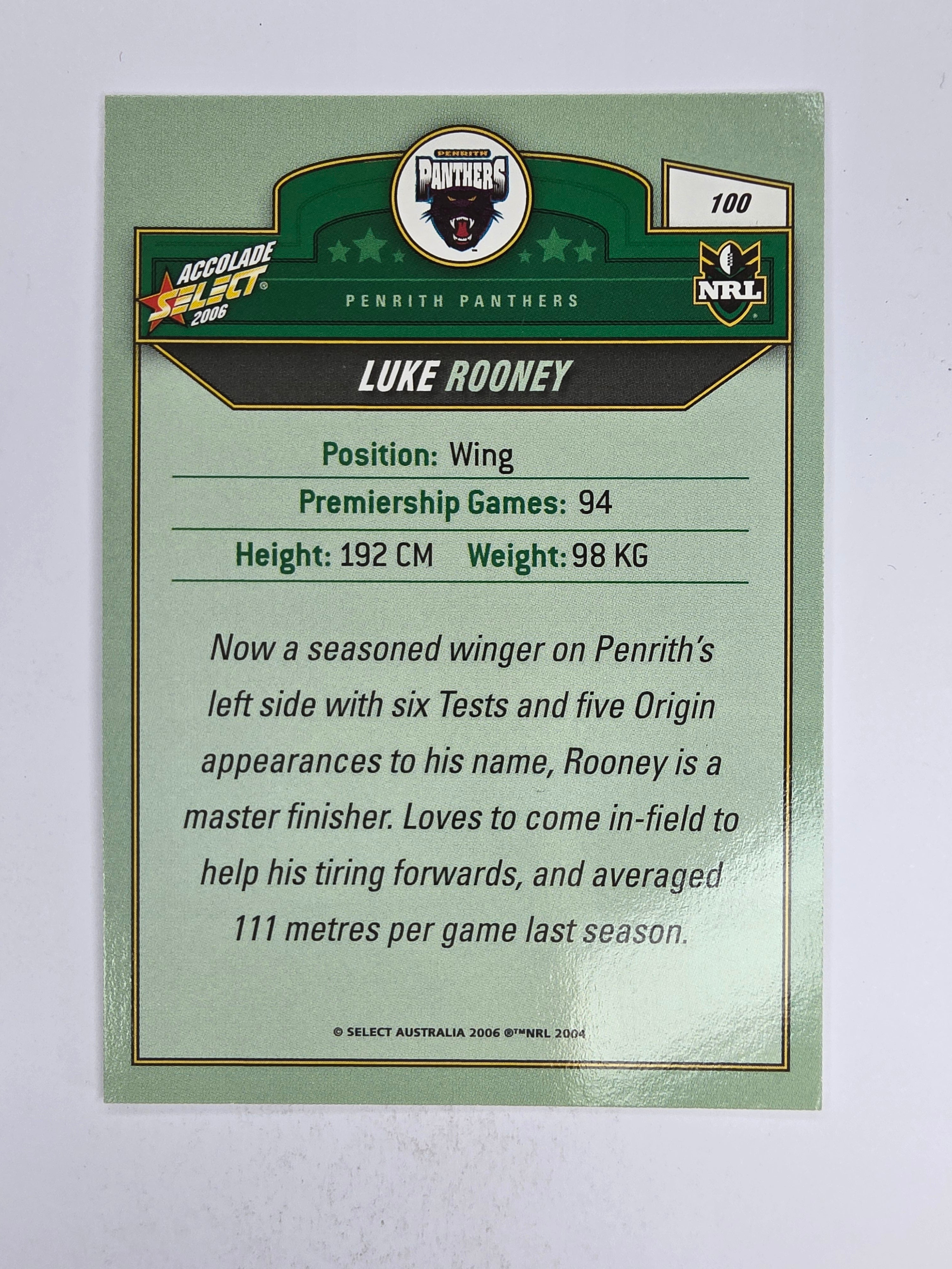 NRL 2006 Accolade Base Card #100 Luke Rooney Penrith Panthers