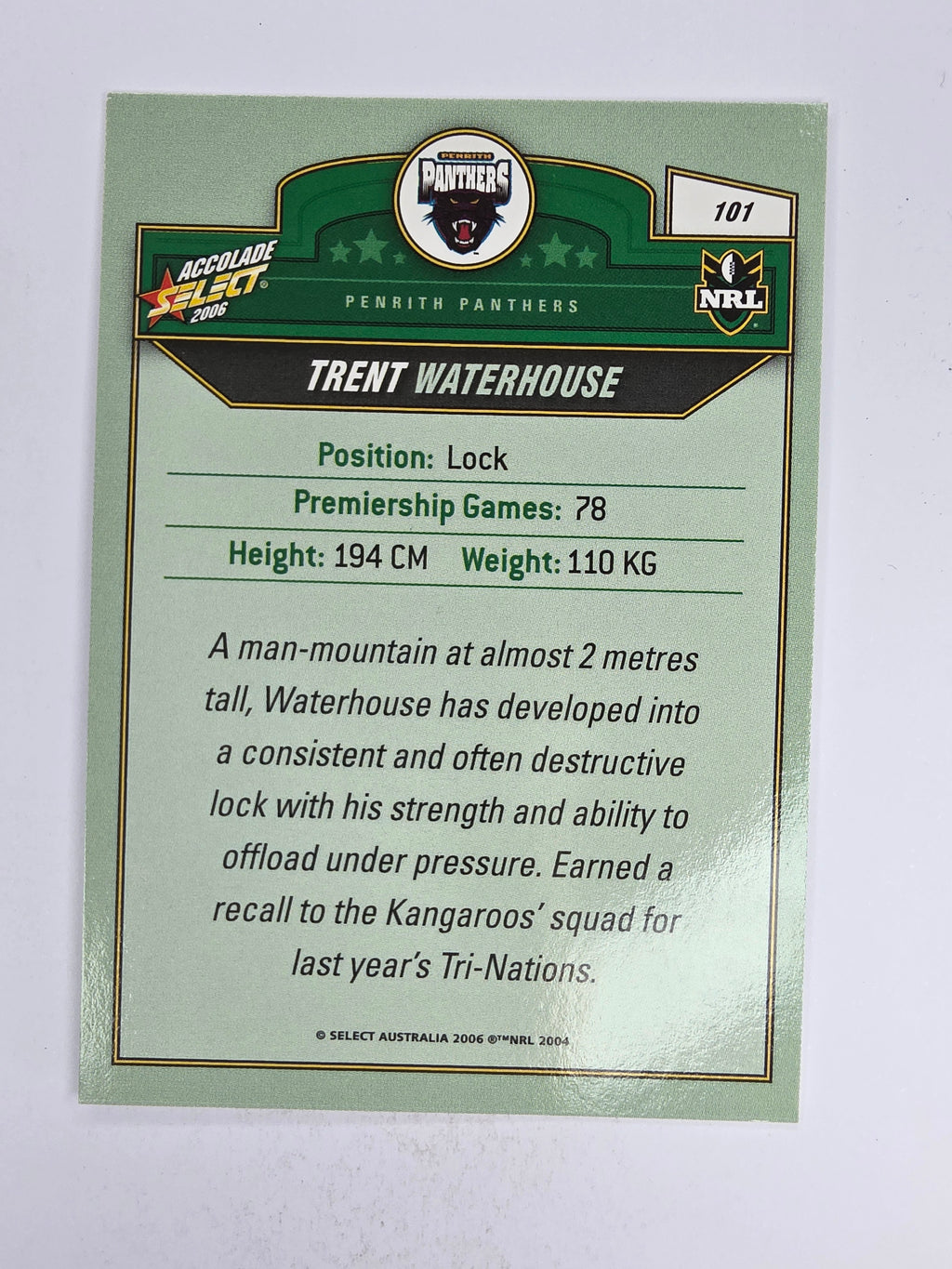 NRL 2006 Accolade Base Card #101 Trent Waterhouse Penrith Panthers