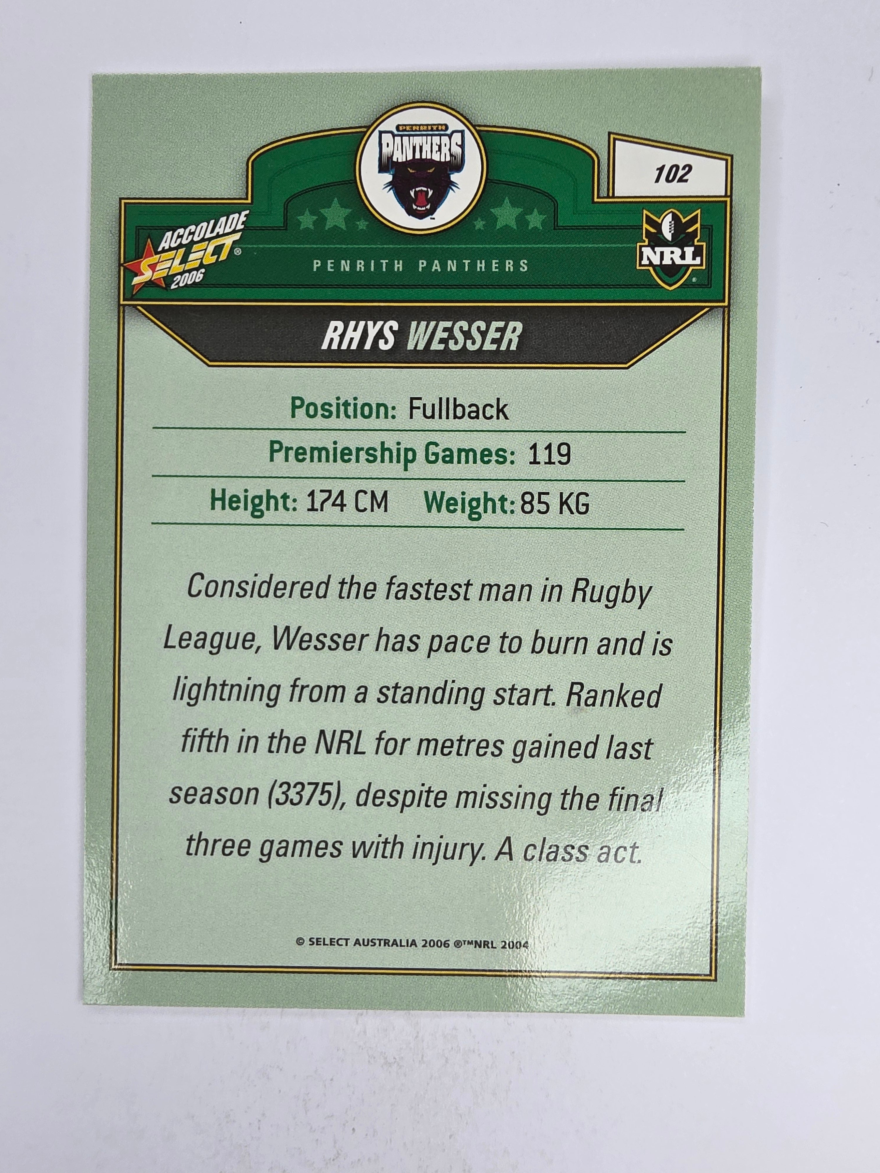 NRL 2006 Accolade Base Card #102 Rhys Wesser Penrith Panthers