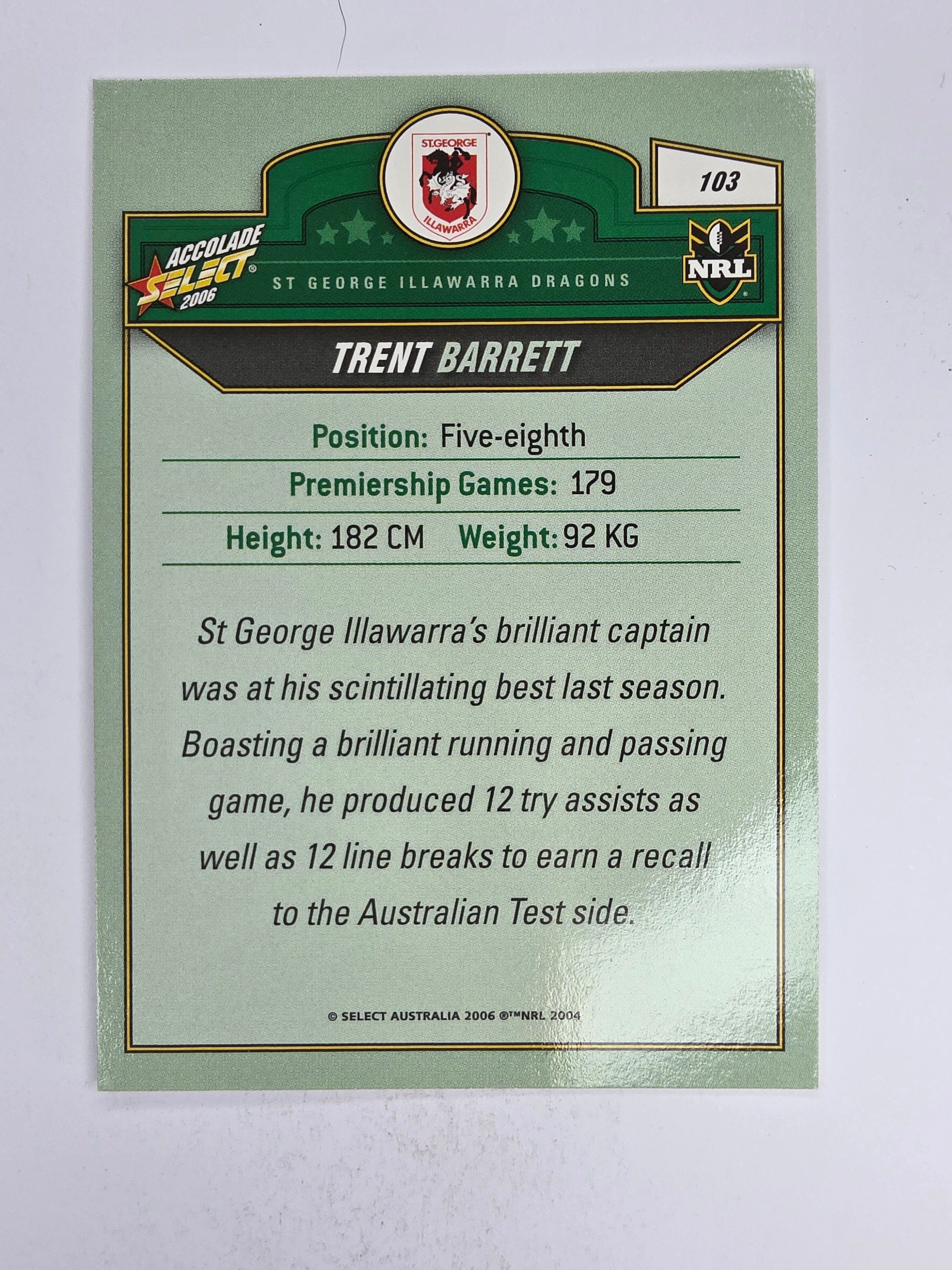 NRL 2006 Accolade Base Card #103 Trent Barrett St George Illawarra Dragons