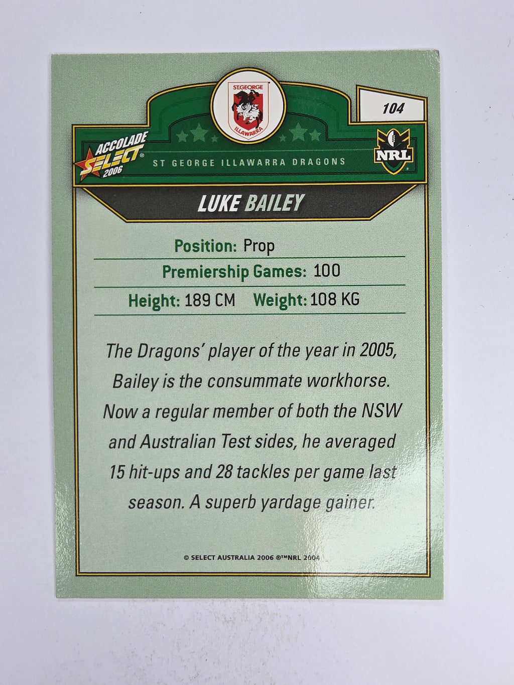 NRL 2006 Accolade Base Card #104 Luke Bailey St George Illawarra Dragons