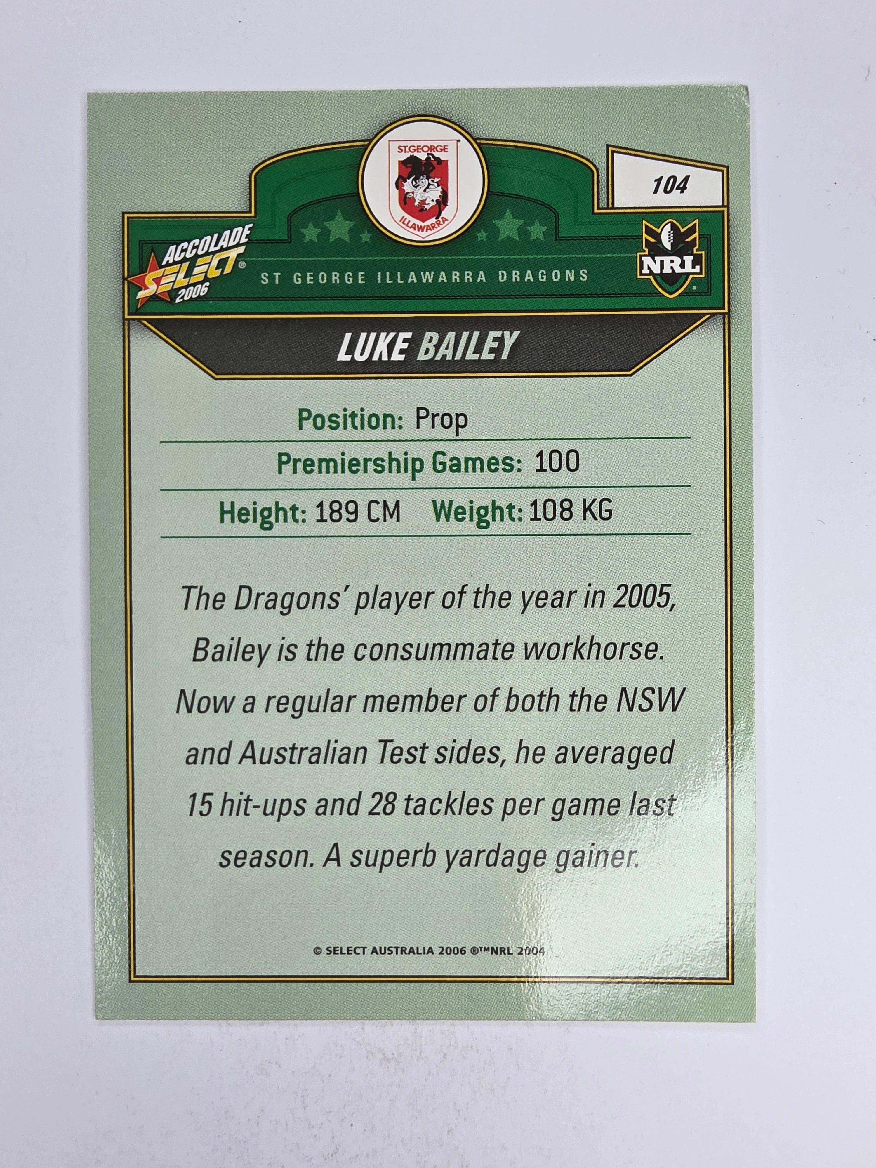 NRL 2006 Accolade Base Card #104 Luke Bailey St George Illawarra Dragons