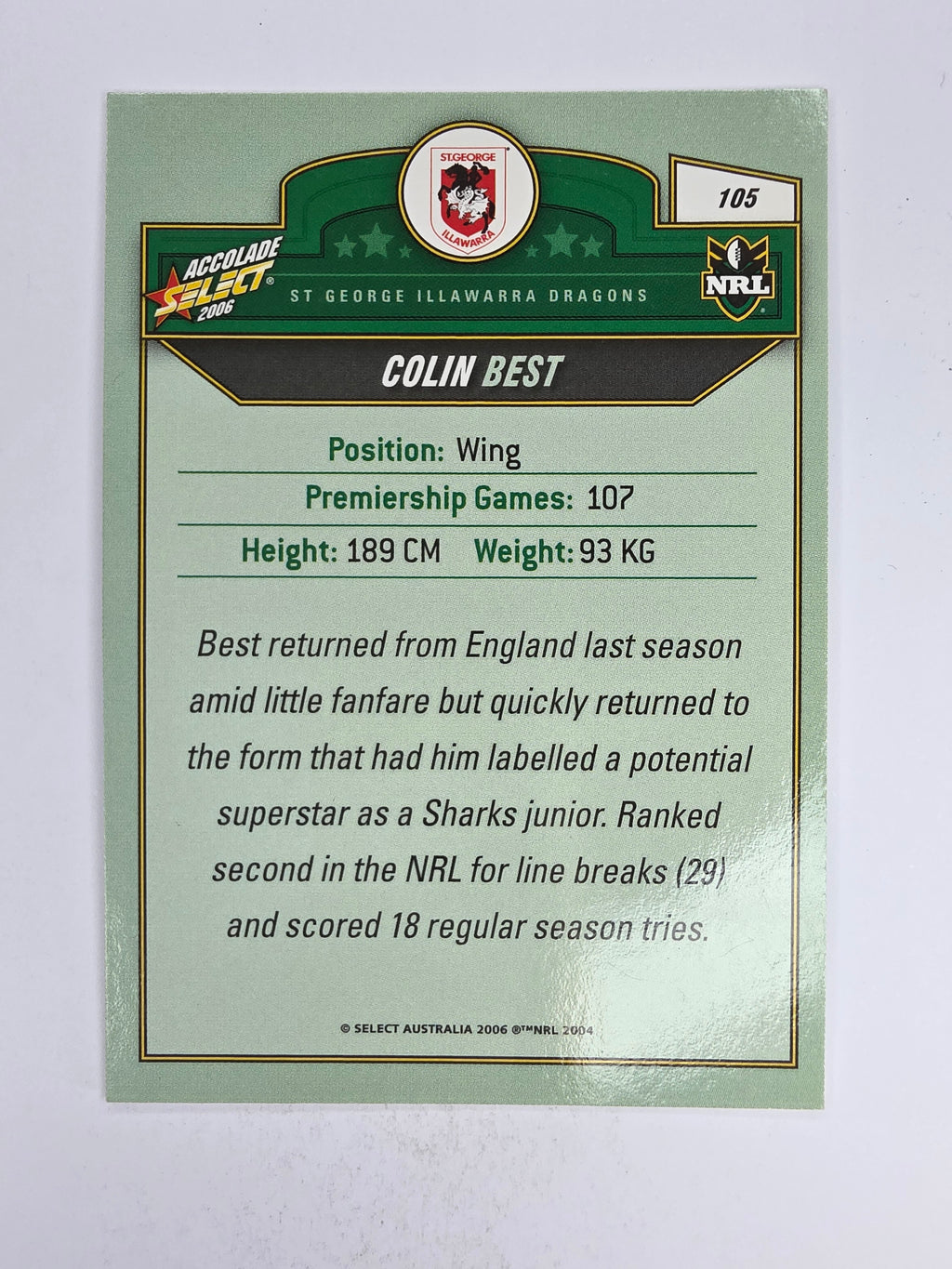 NRL 2006 Accolade Base Card #105 Colin Best St George Illawarra Dragons