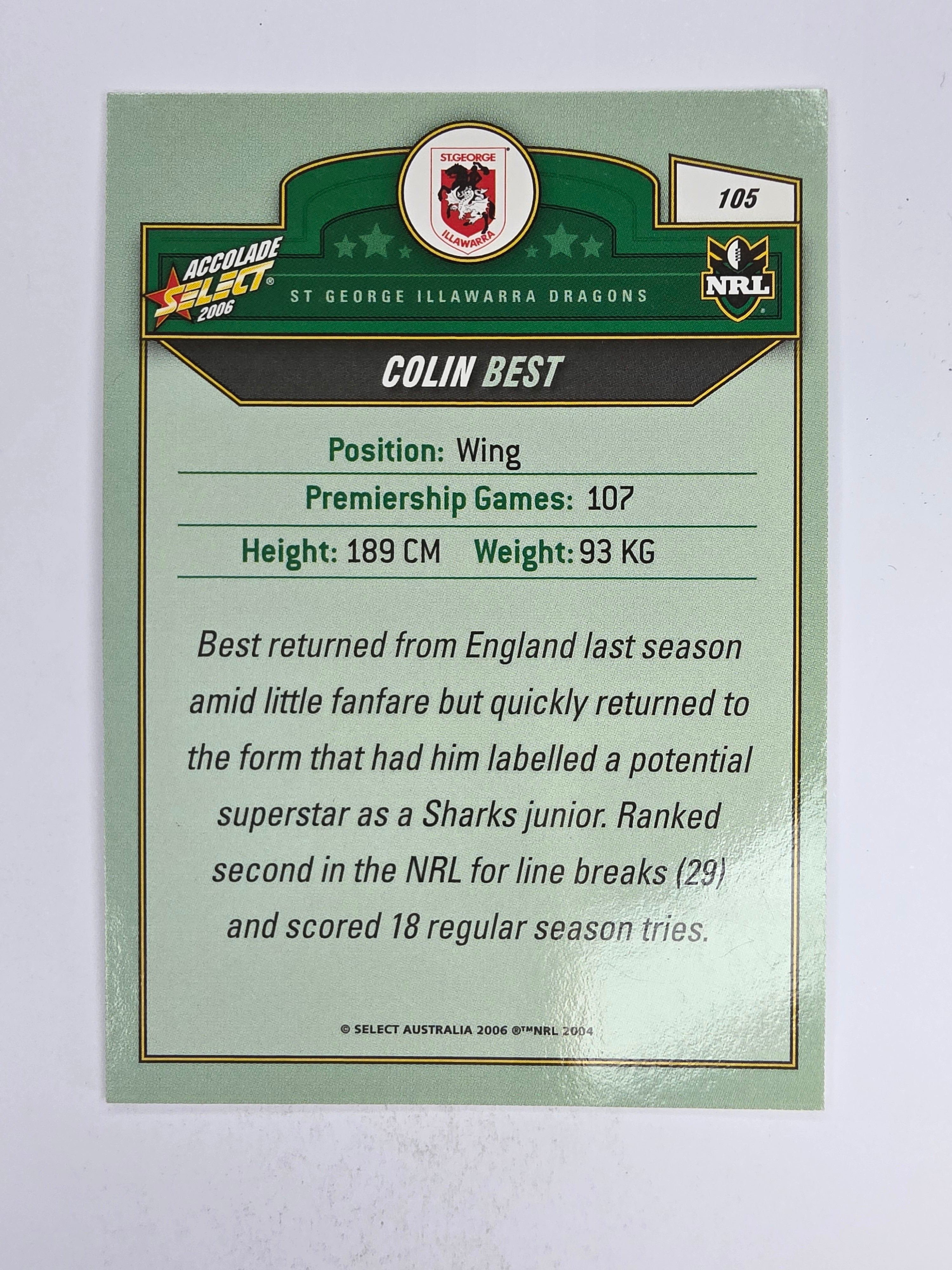 NRL 2006 Accolade Base Card #105 Colin Best St George Illawarra Dragons