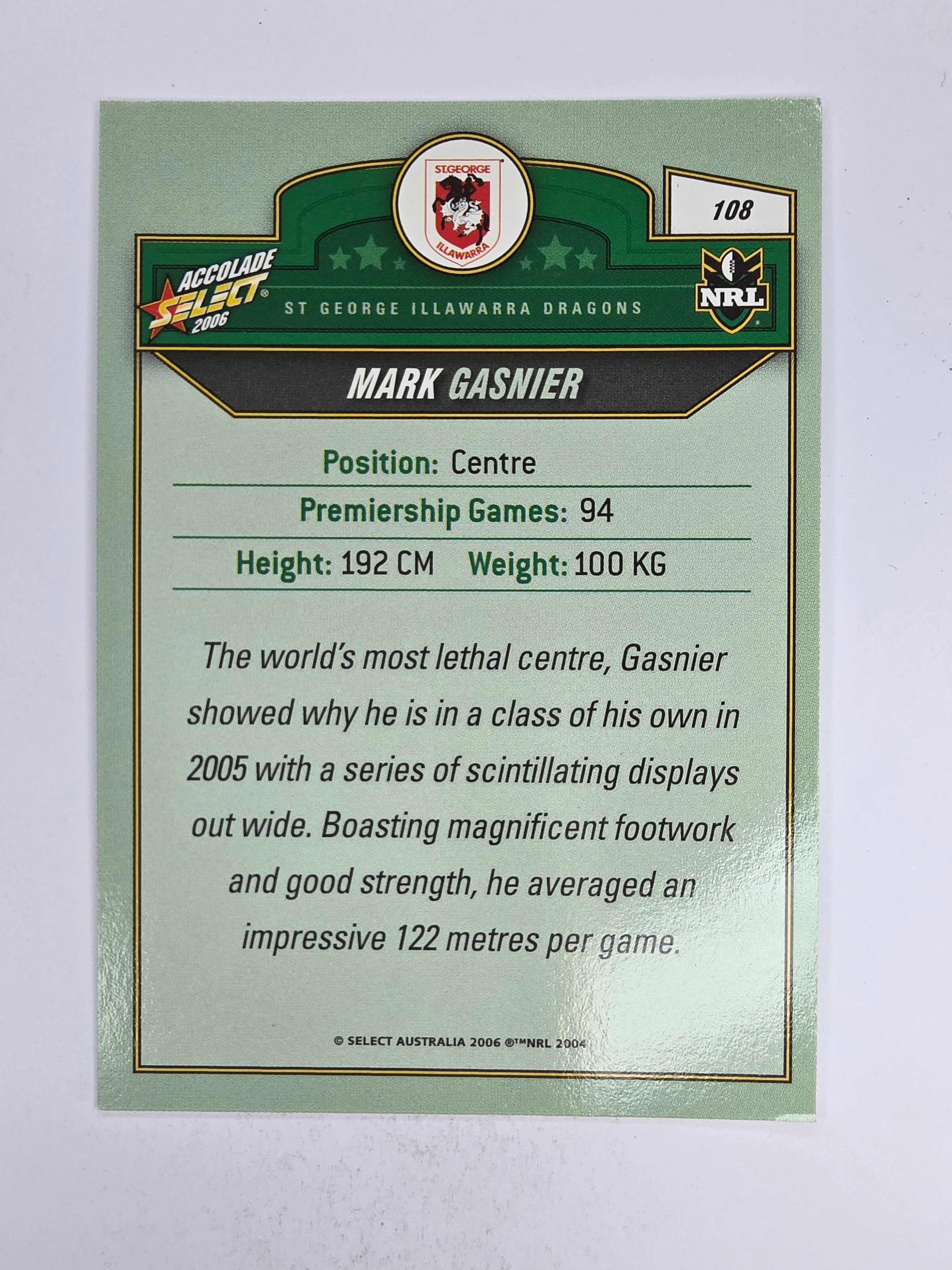 NRL 2006 Accolade Base Card #108 Mark Gasnier St George Illawarra Dragons