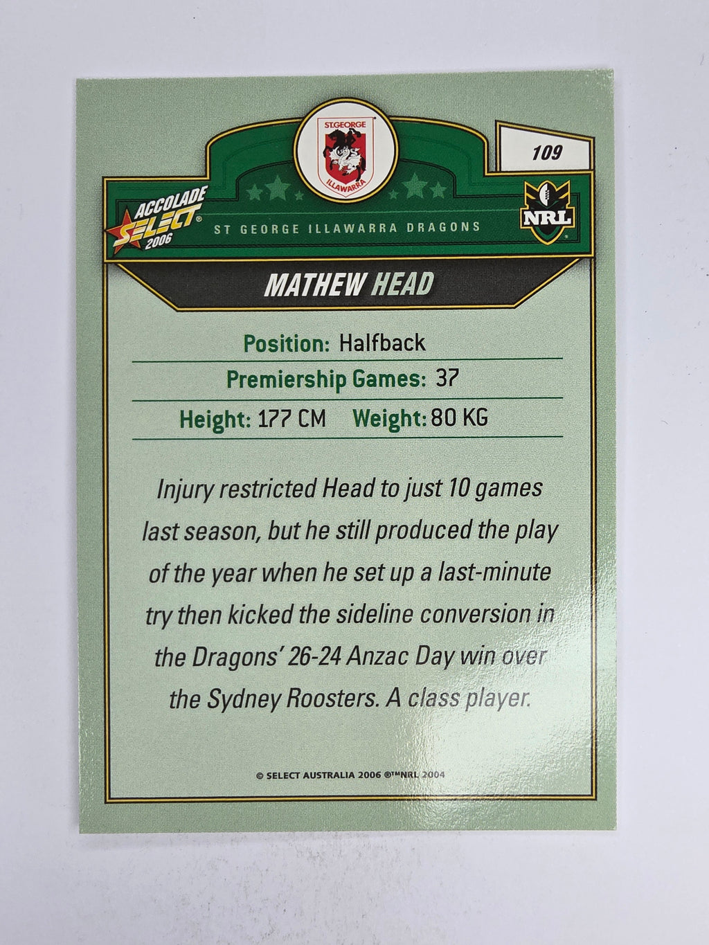NRL 2006 Accolade Base Card #109 Mathew Head St George Illawarra Dragons